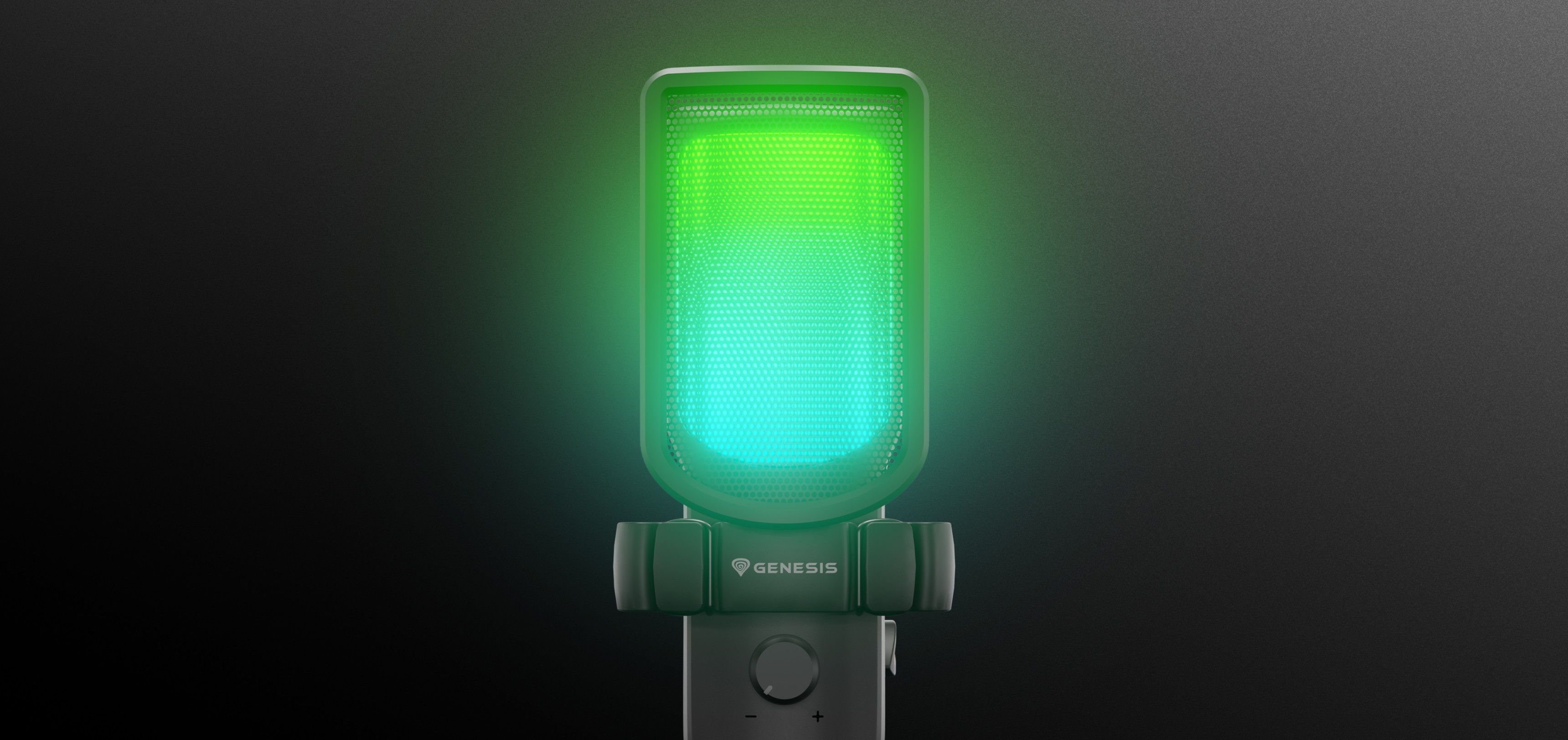 Micrófono USB negro con un vibrante efecto de iluminación verde y azul, con un soporte resistente