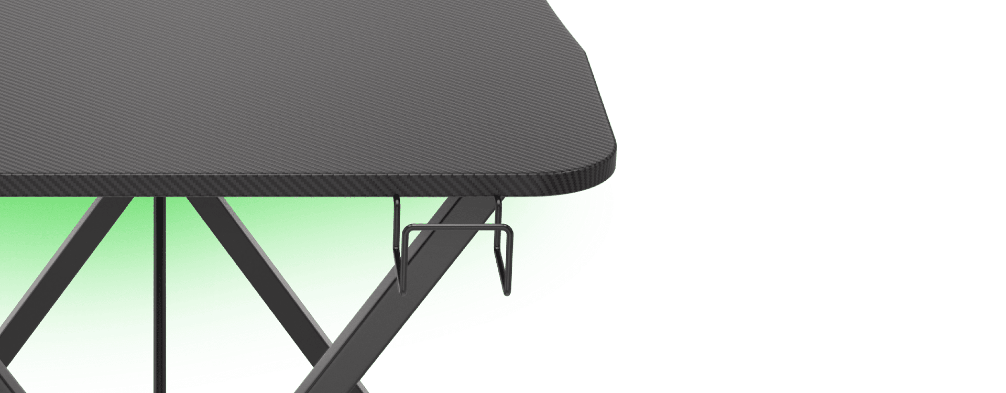 Mesa de juego negra con acabado de fibra de carbono e iluminación LED verde, con ganchos para accesorios en el lateral