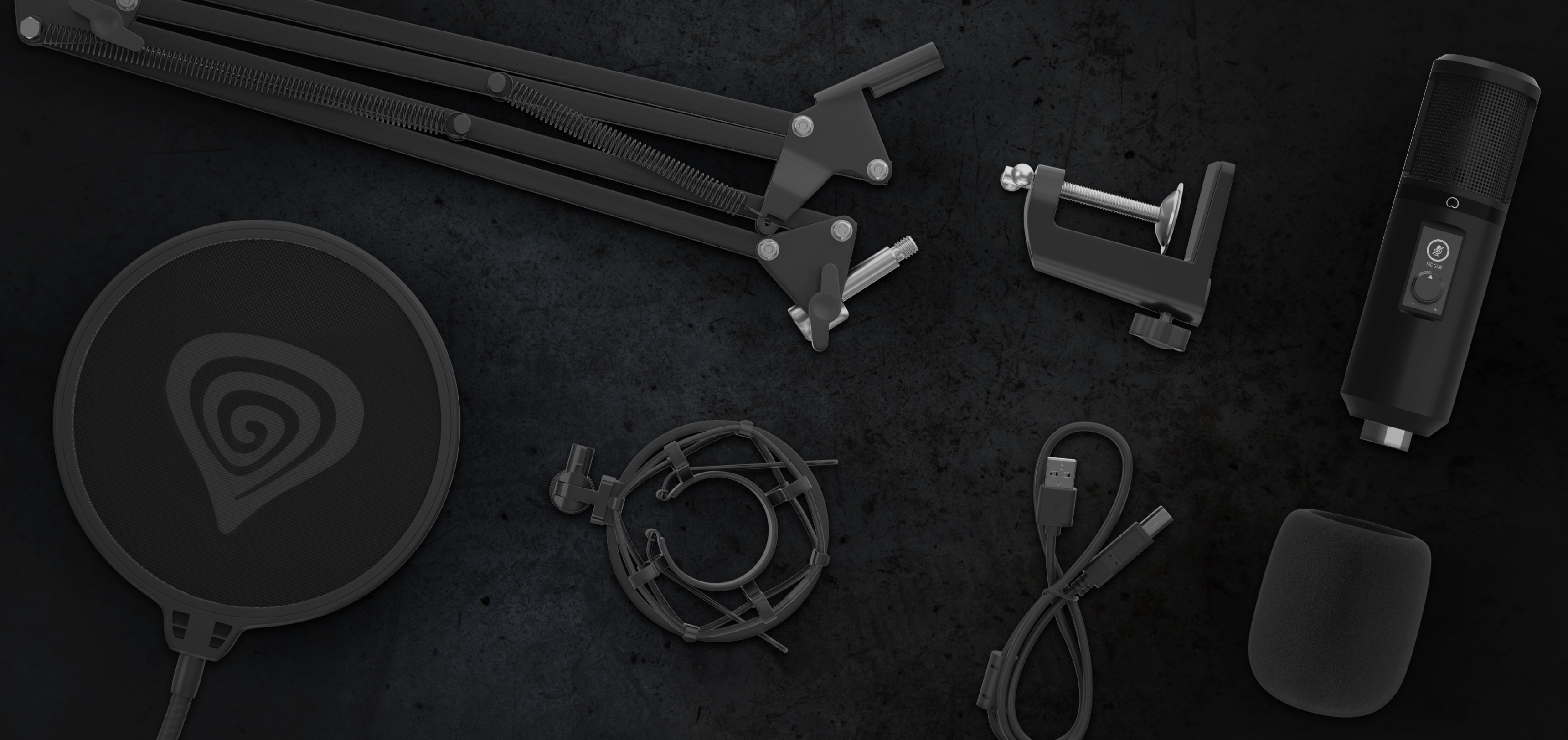 Kit de micrófono negro que incluye el Genesis Radium 400 G2, filtro antipop, brazo ajustable, cable USB y abrazadera de montaje