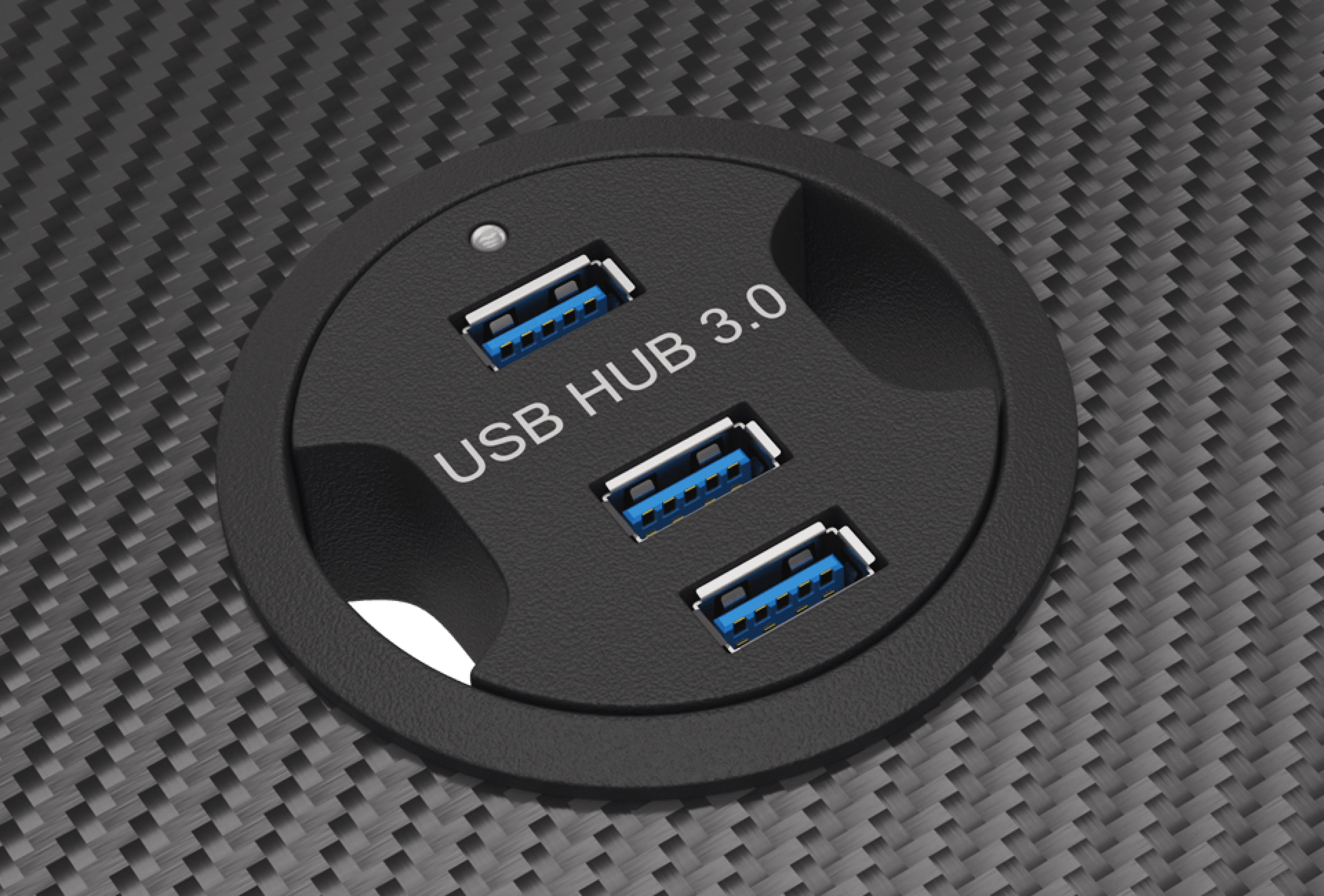 Primer plano de un concentrador USB redondo con tres puertos USB 3.0, sobre un fondo de fibra de carbono texturizada