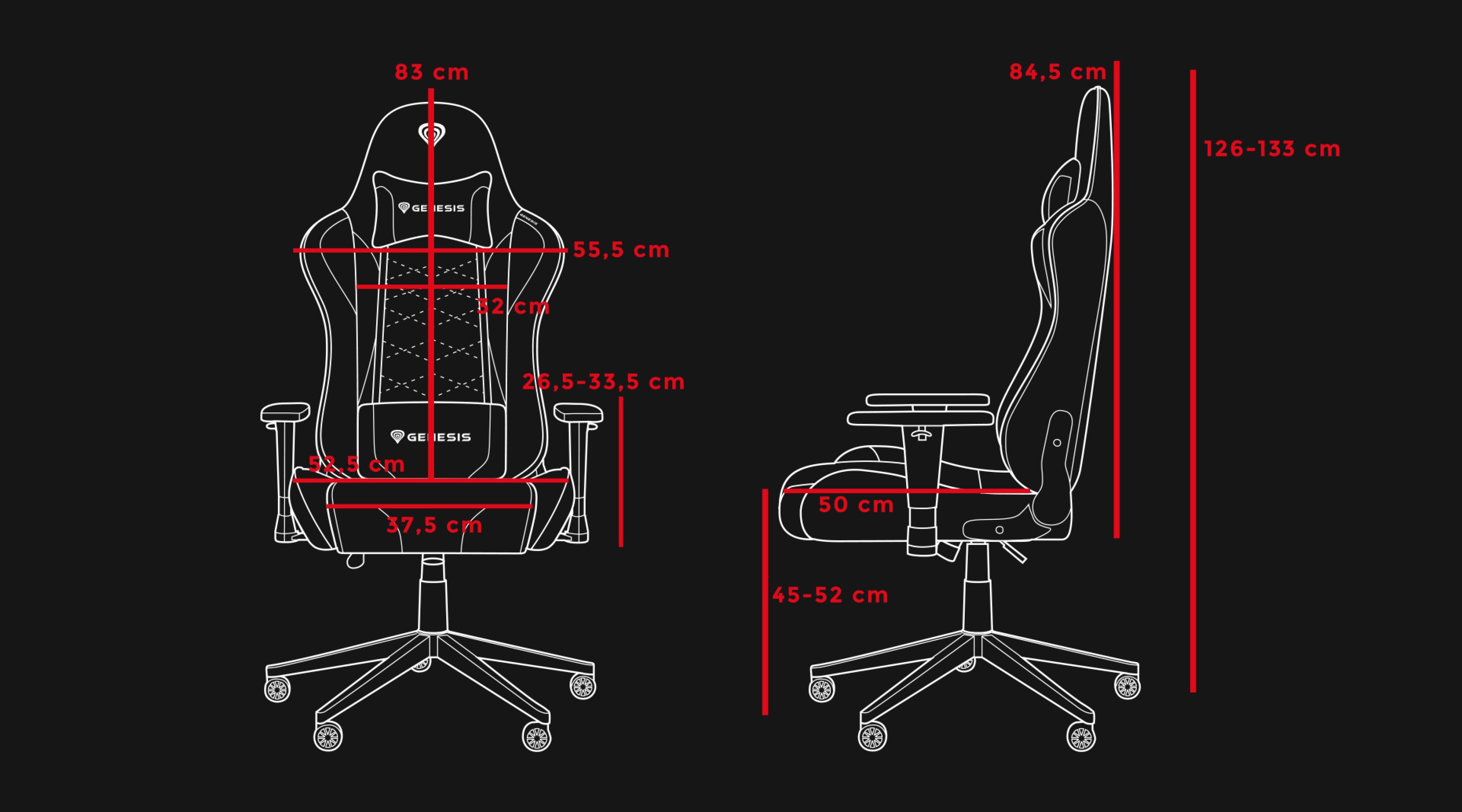 Diagrama que detalla las dimensiones de la silla de malla para juegos Genesis Nitro 440 G2, mostrando vistas laterales y del respaldo con anotaciones de medidas