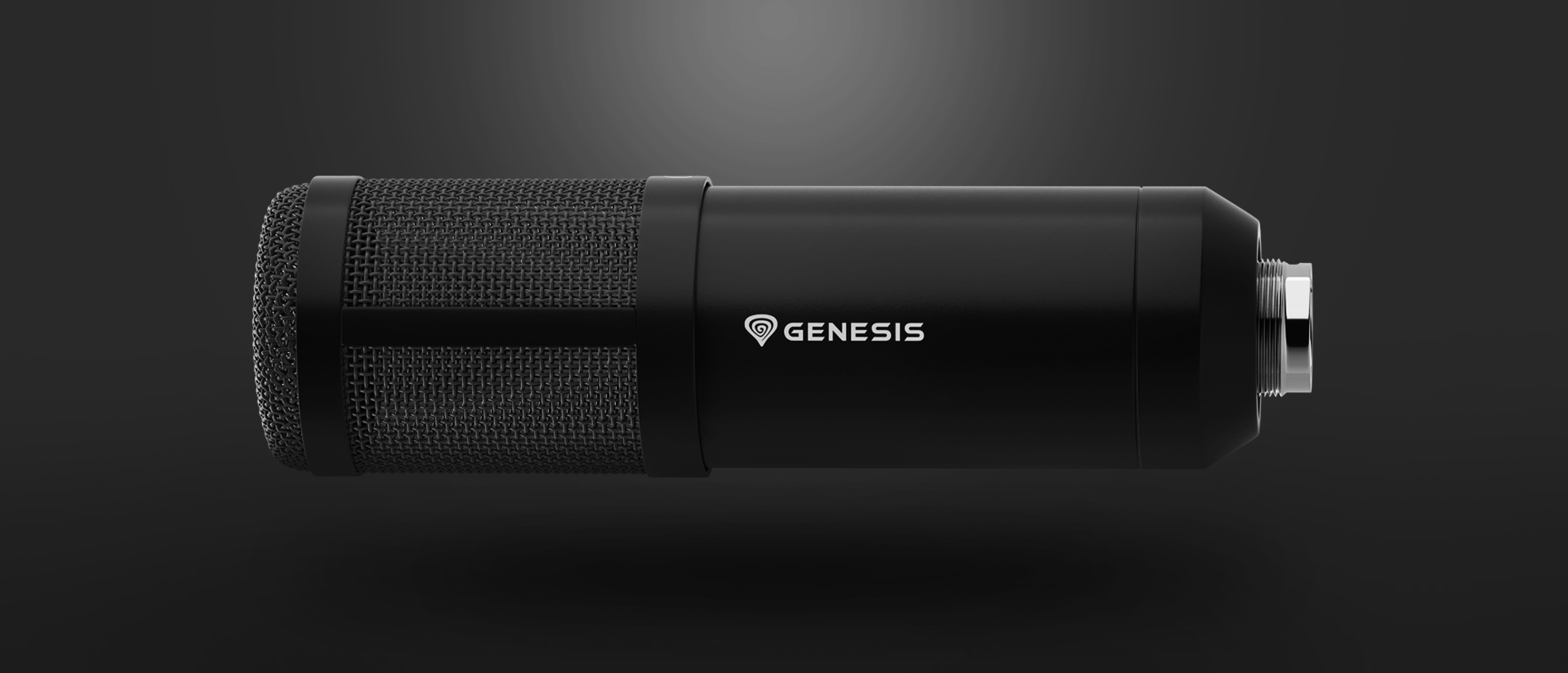 Micrófono de estudio negro con rejilla de malla y logotipo Genesis, diseñado para la grabación de audio profesional
