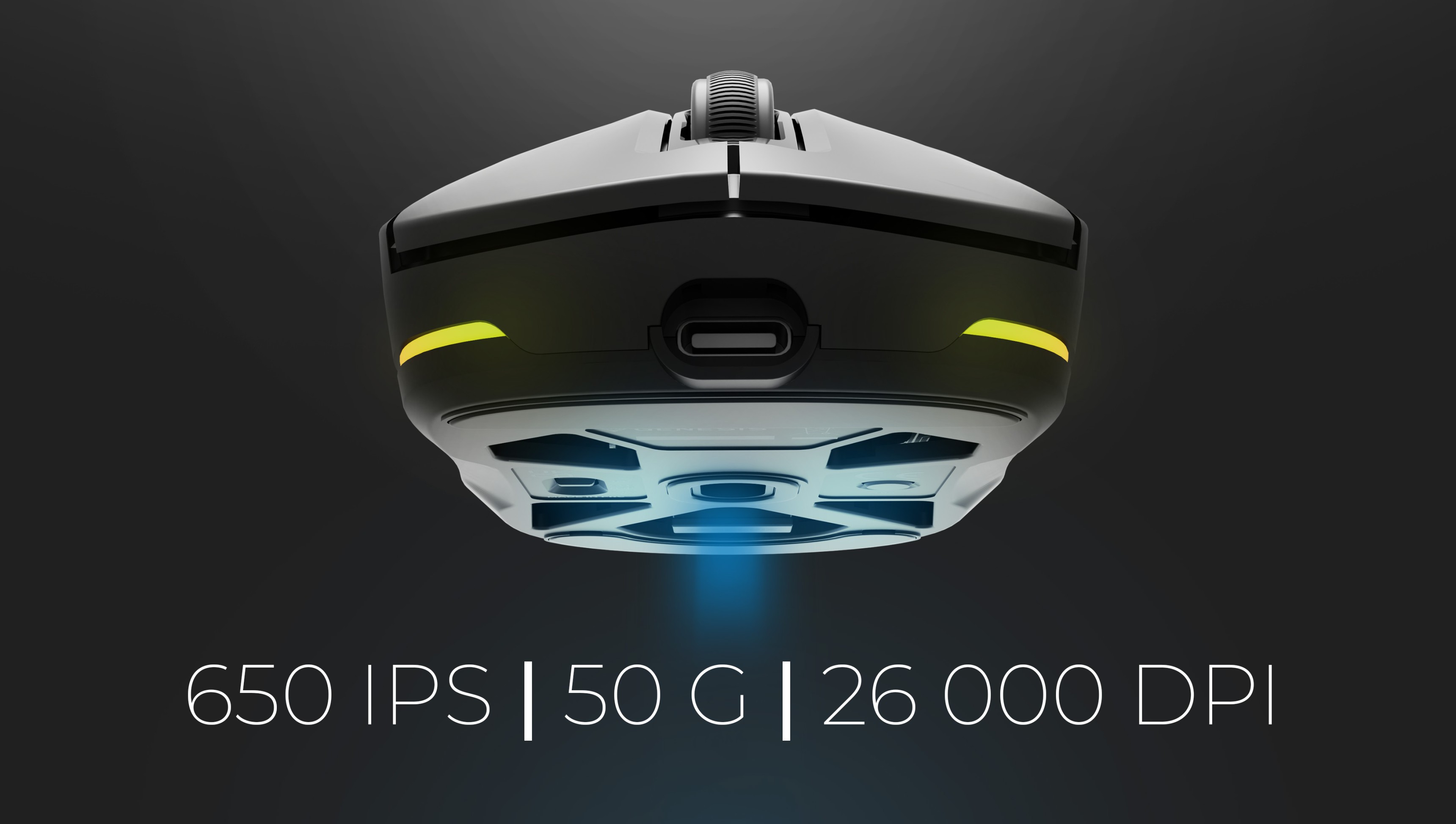 Ratón inalámbrico para juegos con un diseño elegante, que destaca por sus características: 650 IPS, 50 G y 26.000 PPP