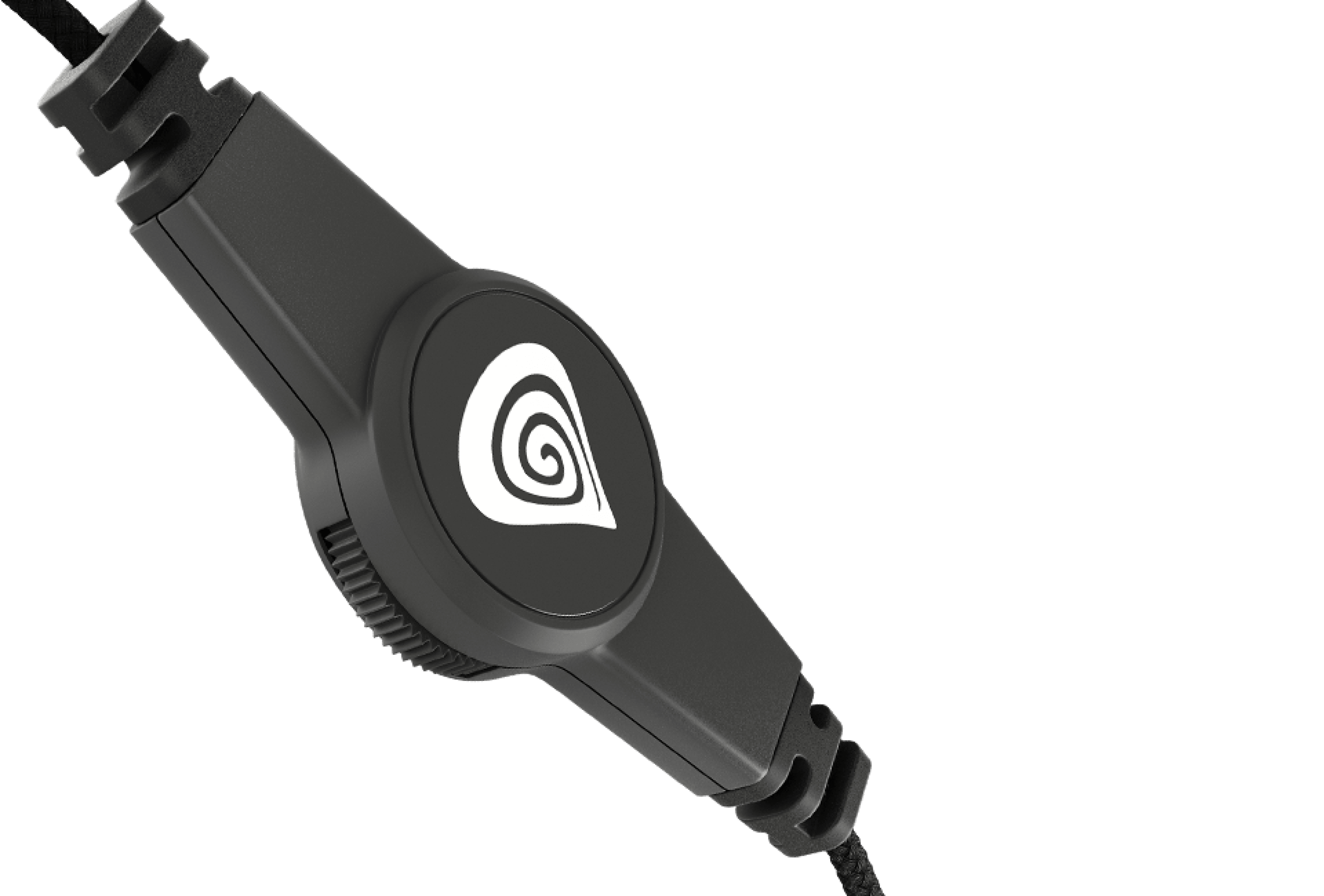 Primer plano de los auriculares Genesis Argon 200 con diseño negro y azul y control de micrófono en el cable
