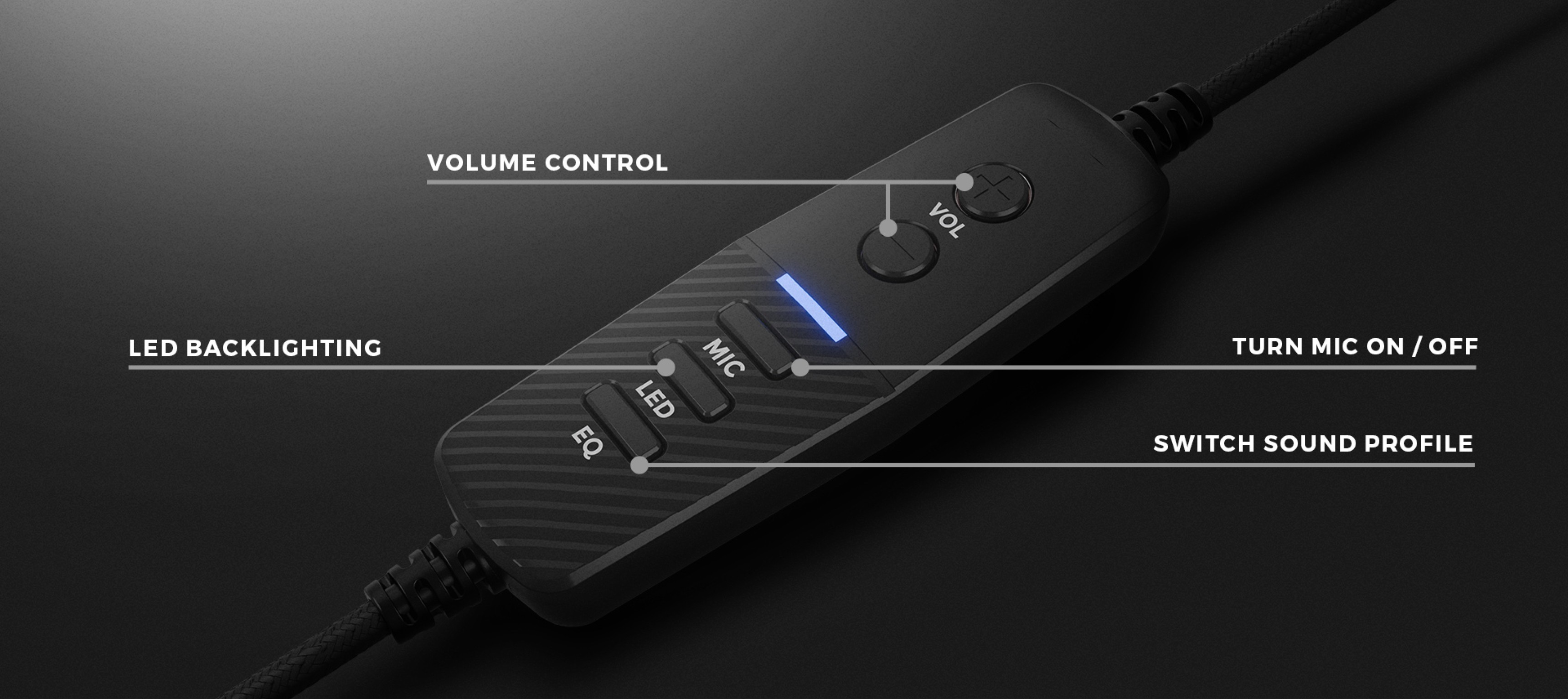 Detalle del panel de control de los auriculares Genesis Neon 764, con control de volumen, conmutador de micrófono, retroiluminación LED e interruptor de perfil de sonido