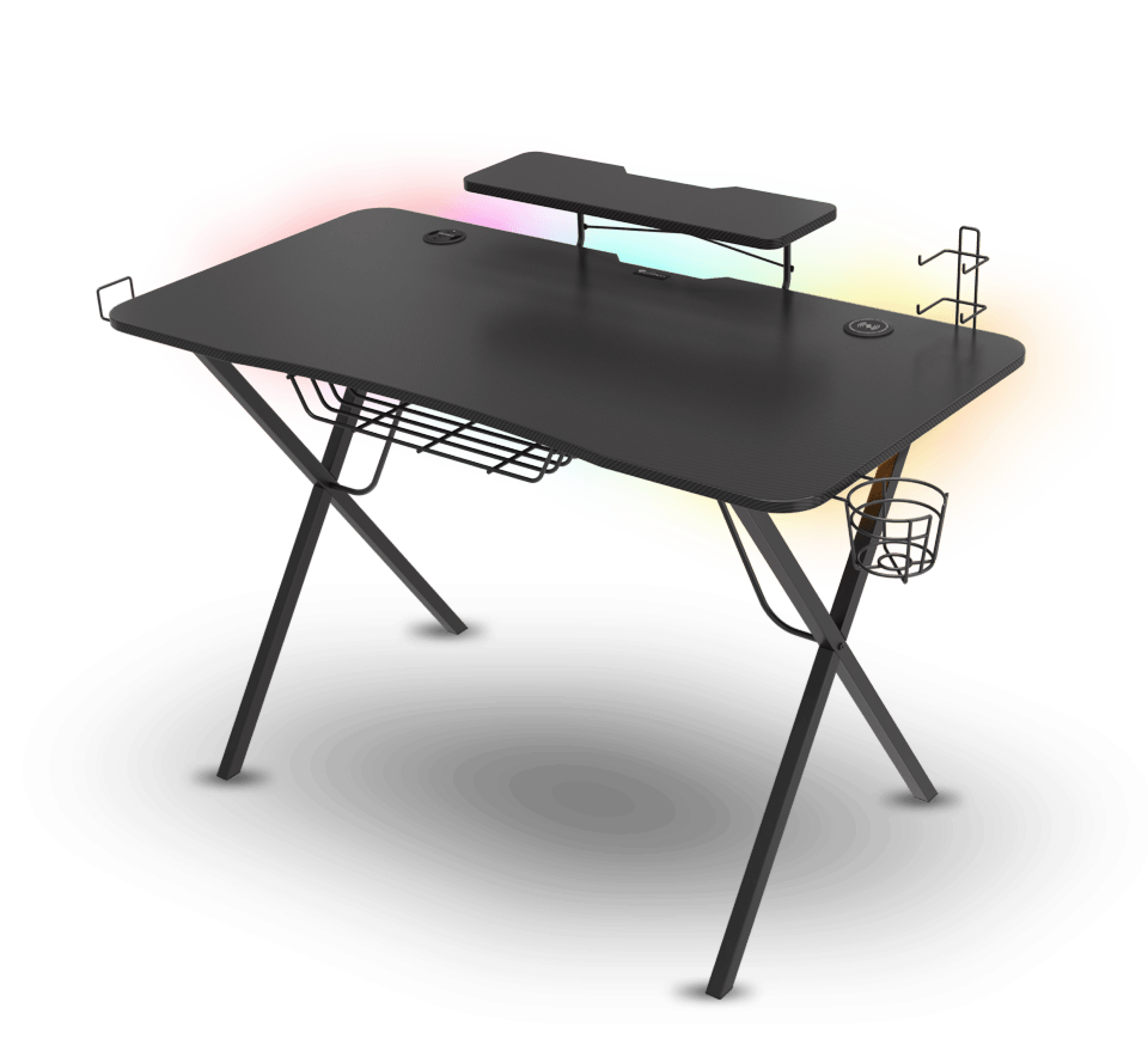 Escritorio para juegos con un elegante acabado en negro, que incluye iluminación RGB, un estante para el monitor, gestión de cables y compartimentos de almacenamiento laterales