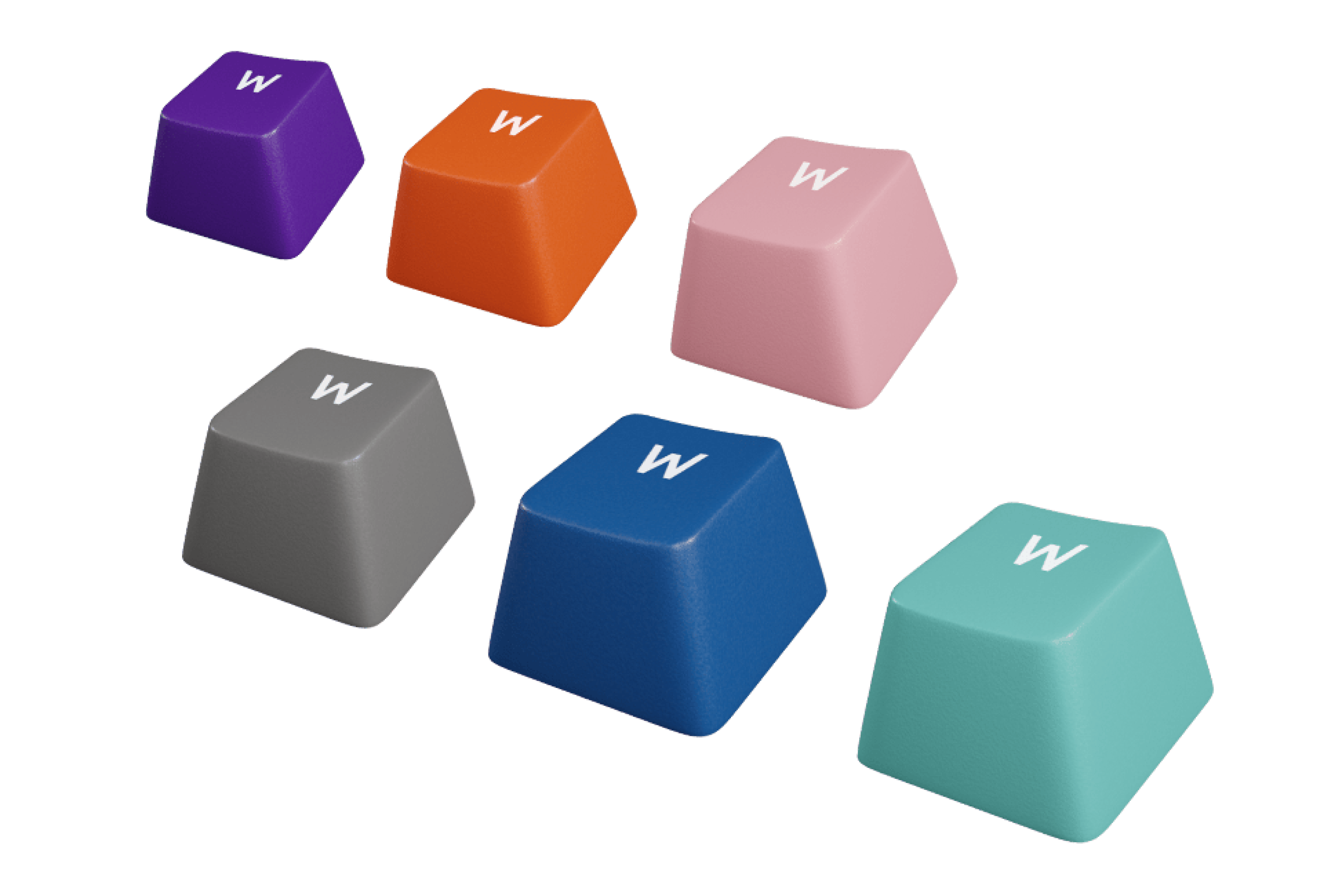 Teclados de colores en varias tonalidades, como morado, naranja, rosa, gris, azul y verde azulado, todos con el símbolo "W" en blanco