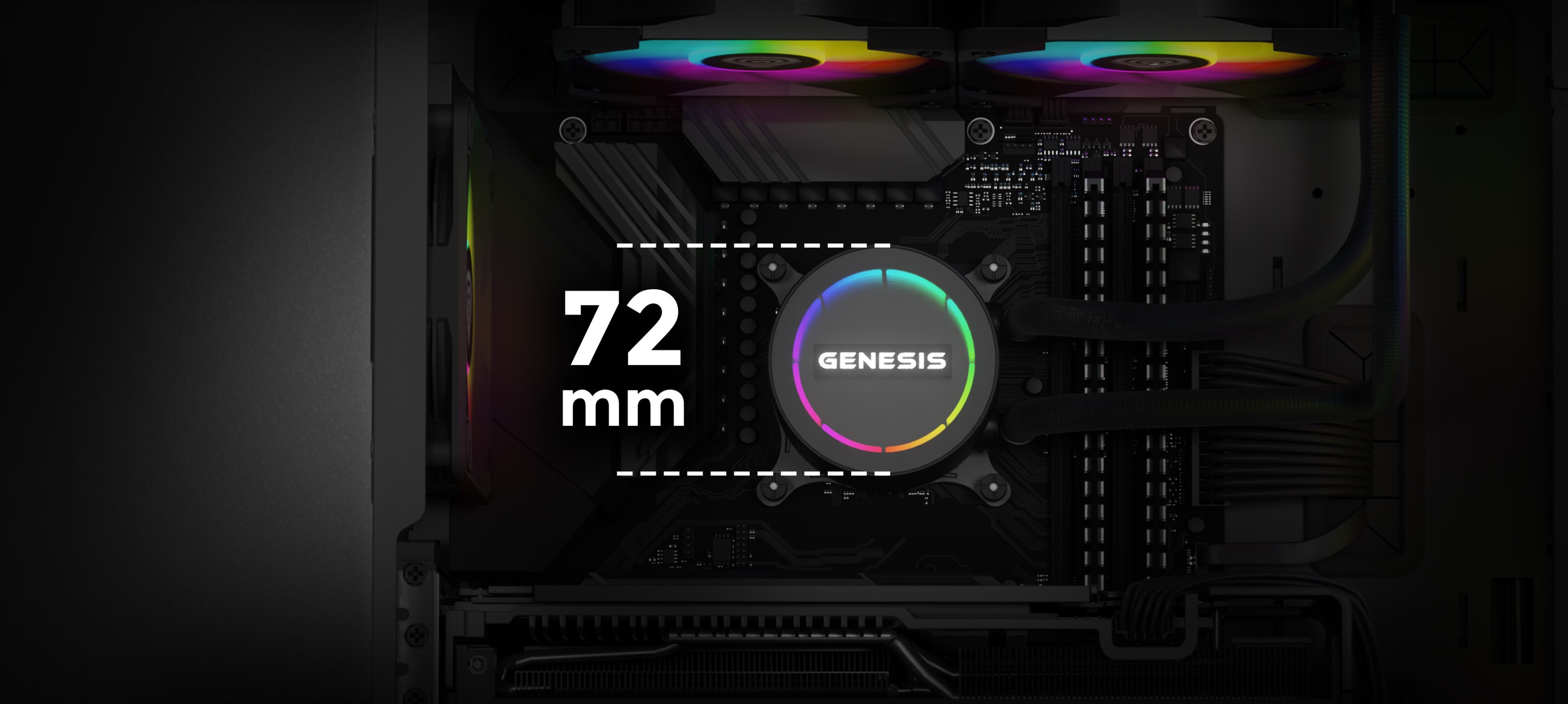 Primer plano del sistema de refrigeración por agua Genesis Hydria 240 ARGB, con una bomba de 72 mm e iluminación RGB dentro de una carcasa de PC