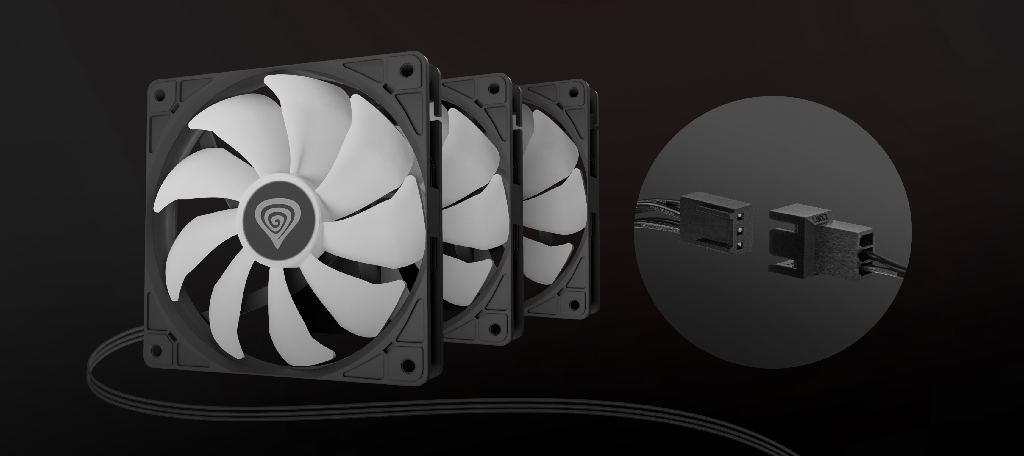 Juego de ventiladores RGB negros con tres ventiladores de 120 mm con aspas blancas y un primer plano de sus conectores