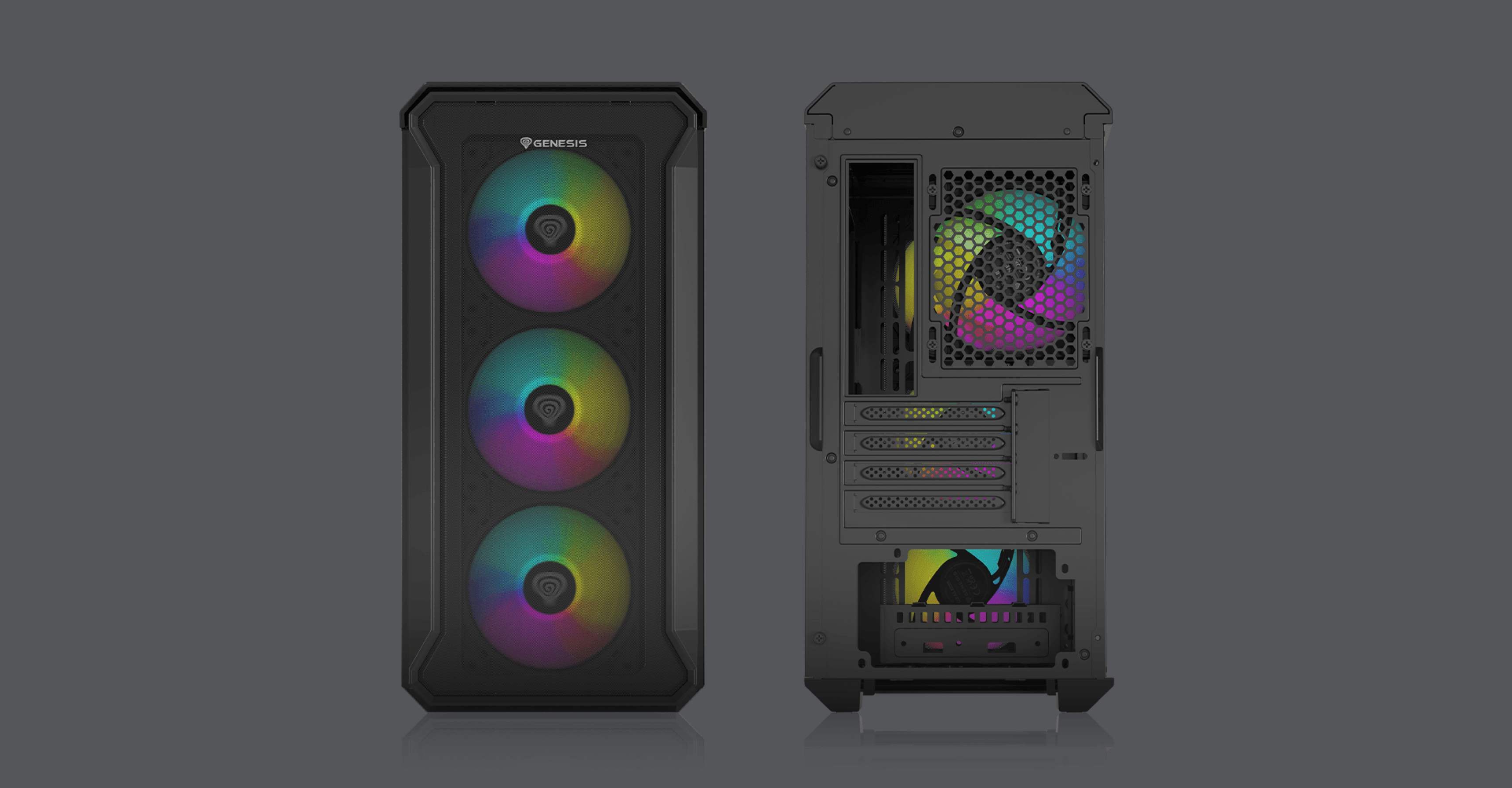 Minitorre MATX negra con panel lateral transparente y tres ventiladores ARGB, que muestran vibrantes efectos luminosos