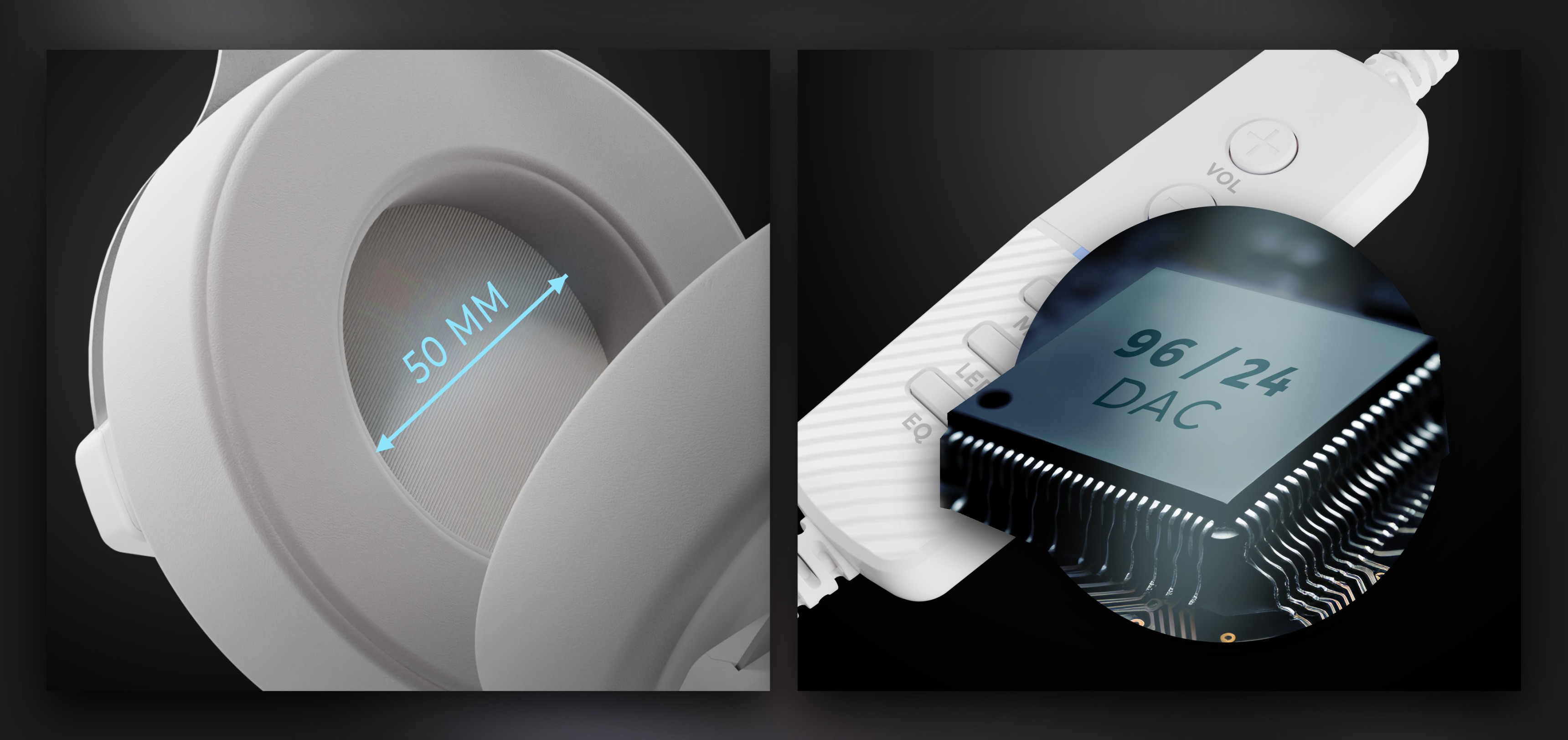 Detalle de los auriculares Genesis Neon 764 RGB que muestran un controlador de altavoz de 50 mm y un componente DAC para audio de alta calidad