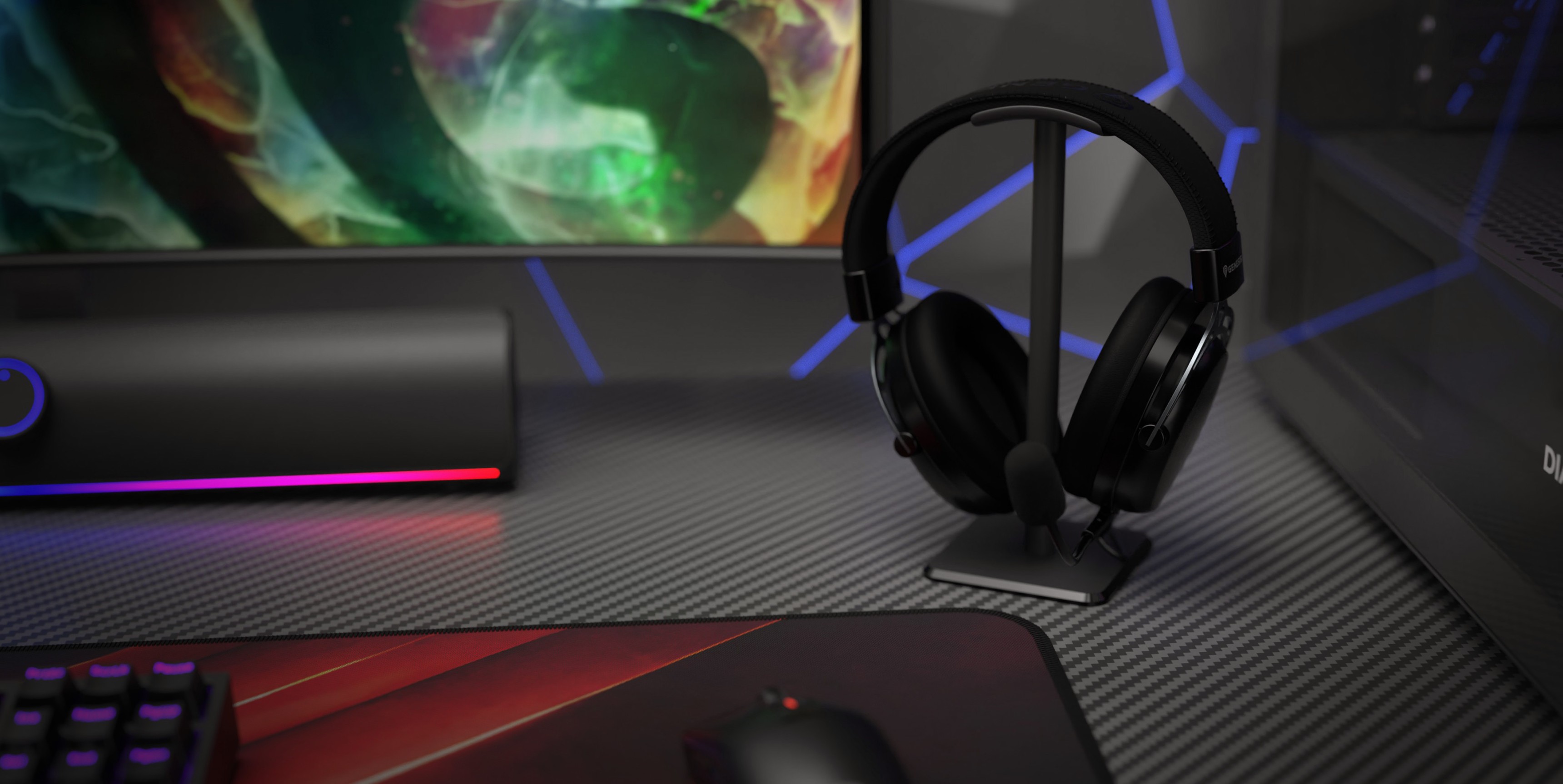 Soporte negro para auriculares Genesis Thulium 100, colocado sobre una mesa de juego con superficie texturizada e iluminación RGB de colores