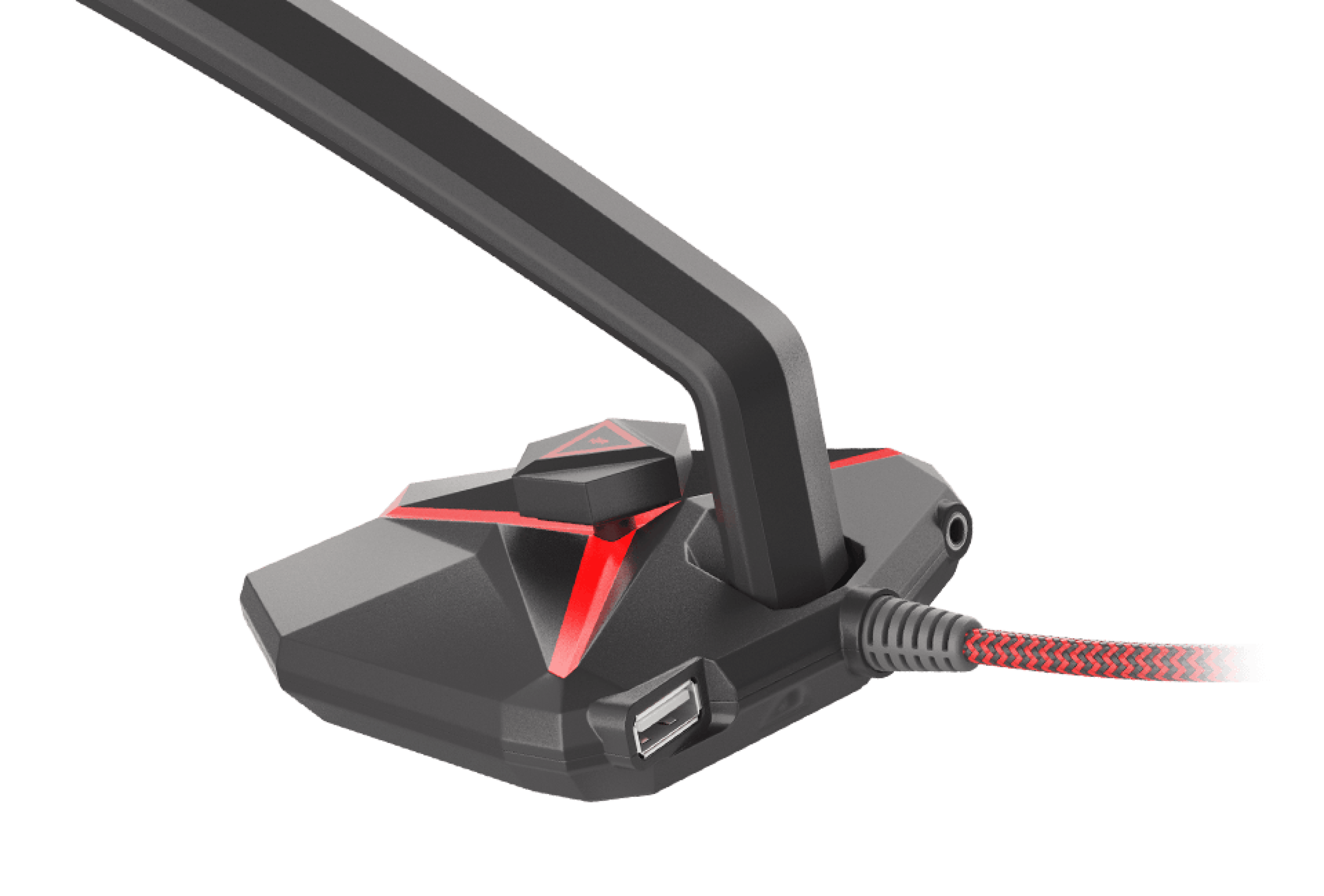 Primer plano del micrófono Genesis Radium 200 de diseño elegante, con un acento rojo y un brazo flexible