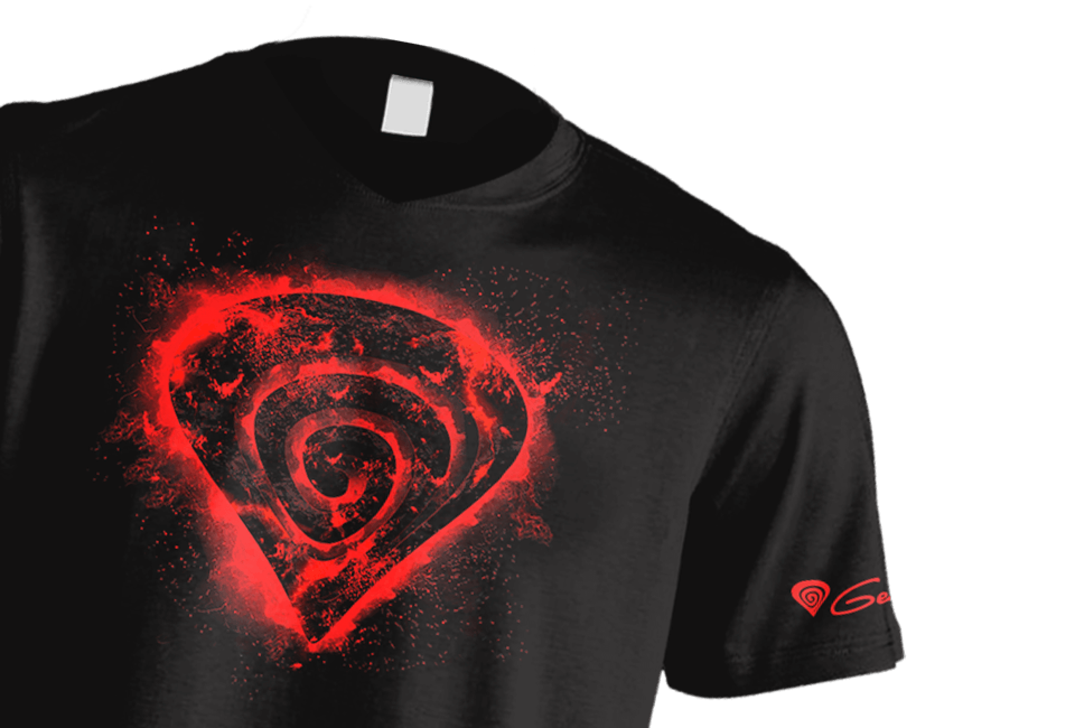 Camiseta negra de la talla S con una gran espiral roja en la parte delantera y el logotipo de Genesis en la manga