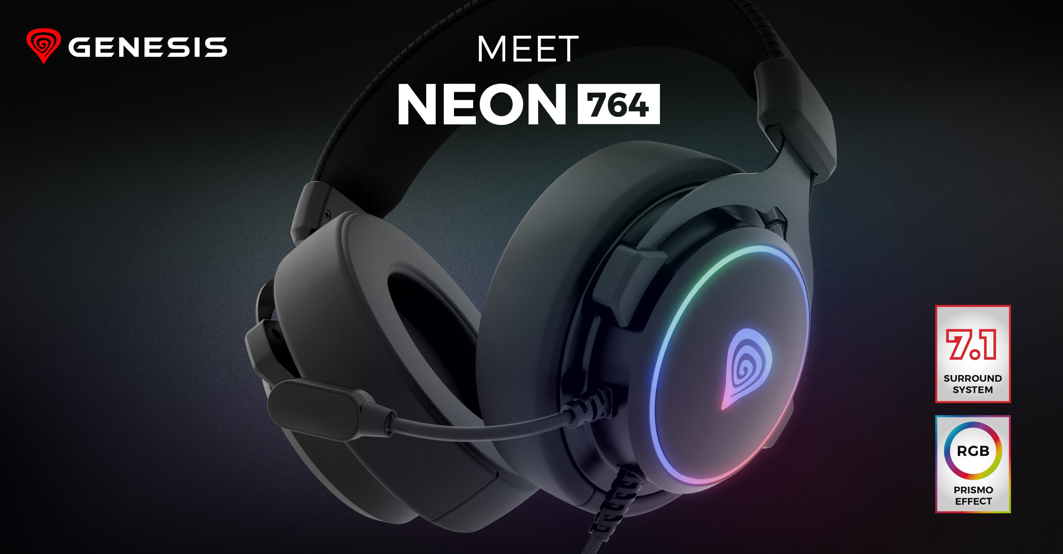 Auriculares negros Genesis Neon 764 RGB con micrófono, con iluminación de colores y un diseño elegante