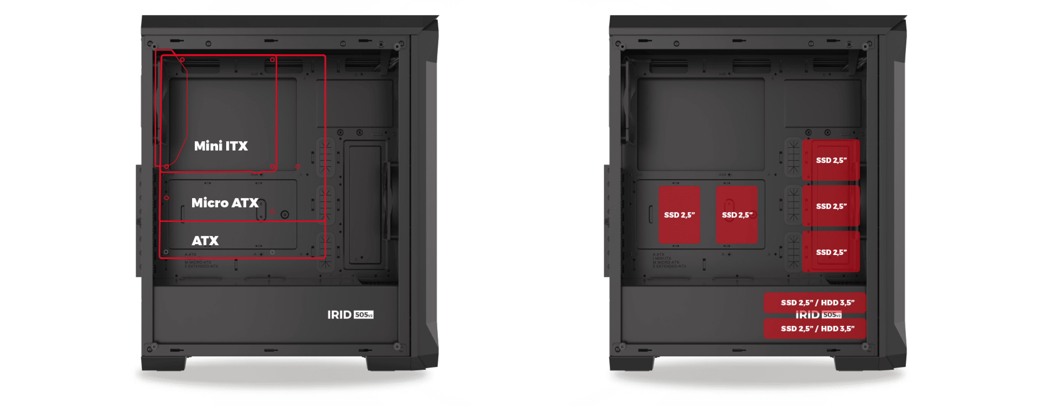 Caja torre Genesis IRID 505 V2 MIDI negra con ventana, con ranuras perfiladas para placas base Mini ITX, Micro ATX y ATX