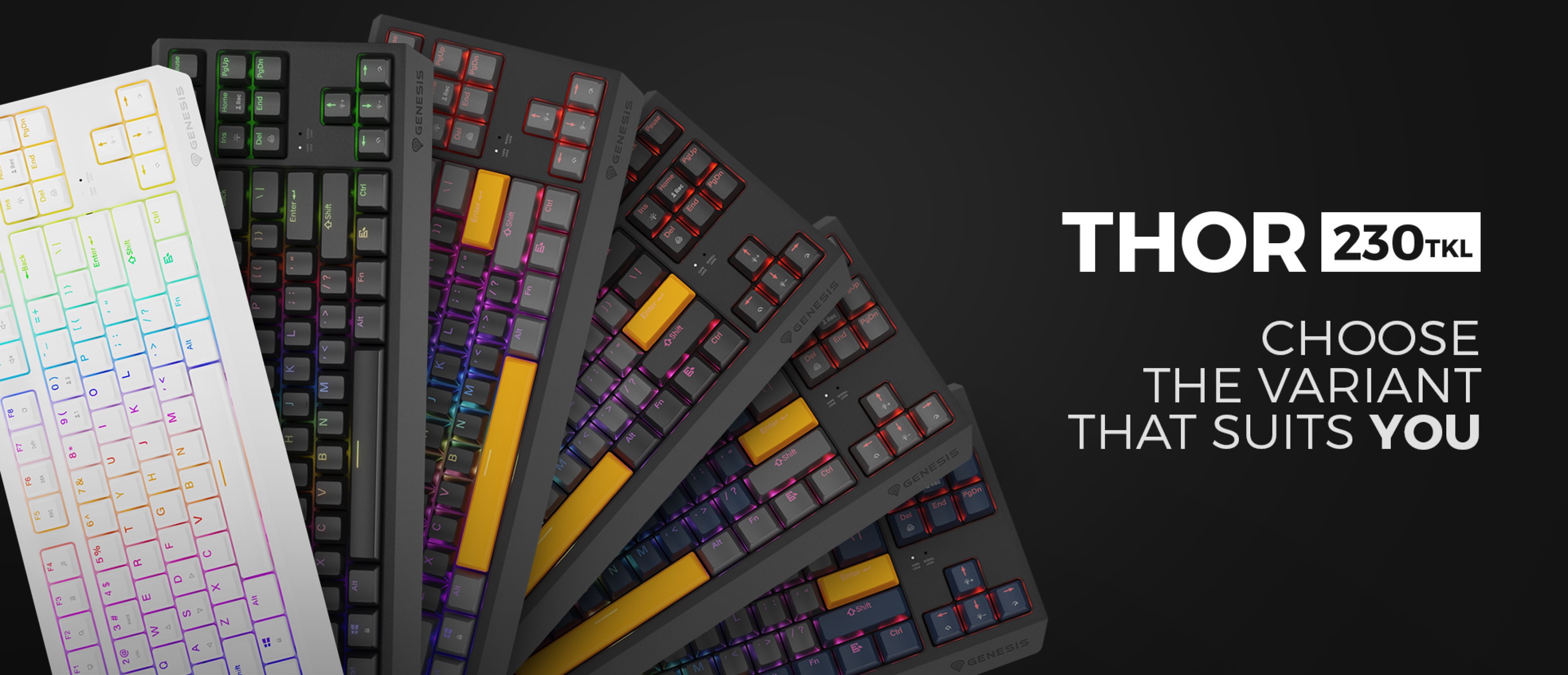 Varios modelos del teclado mecánico para juegos Genesis Thor 230 TKL, con diferentes colores y tipos de interruptor