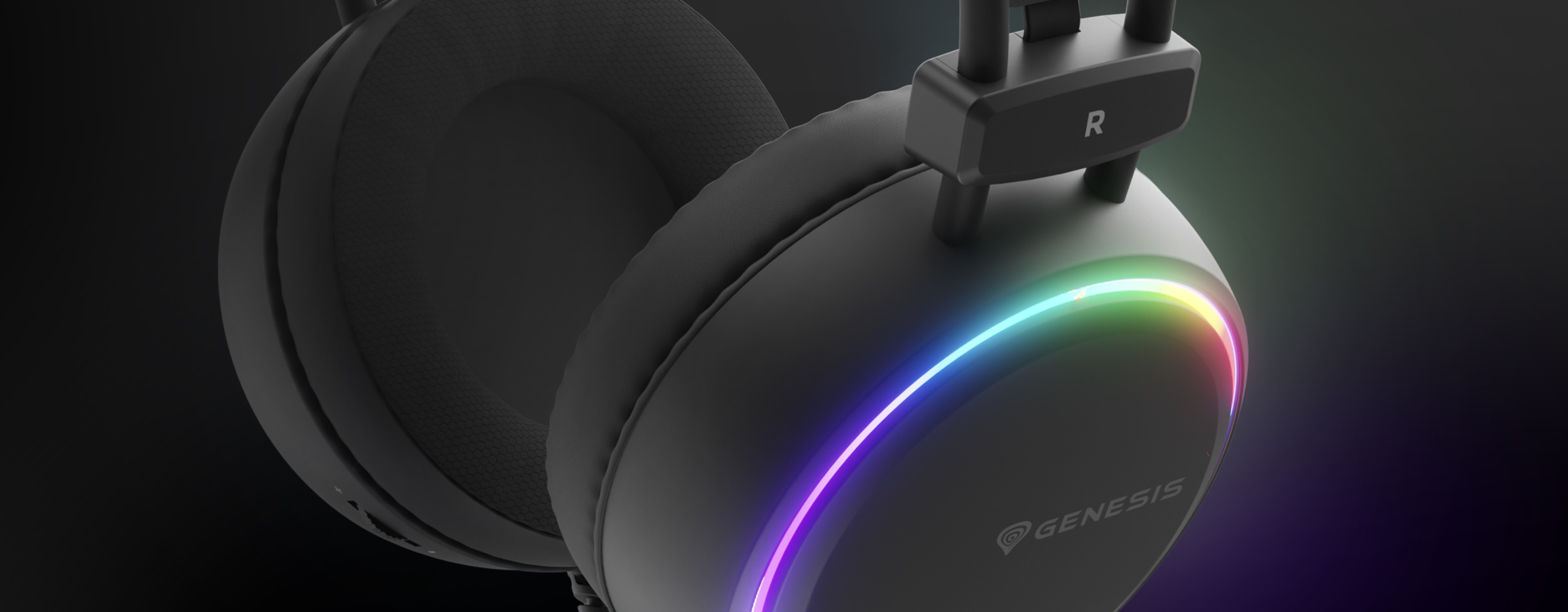 Auriculares negros Genesis Neon 613 G2 RGB con micrófono, con iluminación RGB de colores a lo largo de los auriculares