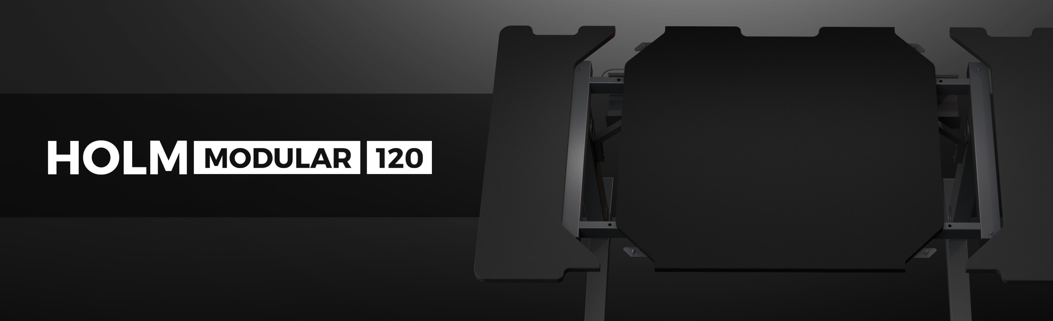 Escritorio modular para juegos con un elegante diseño negro, etiquetado "HOLM MODULAR 120", que muestra su estructura moderna y funcional