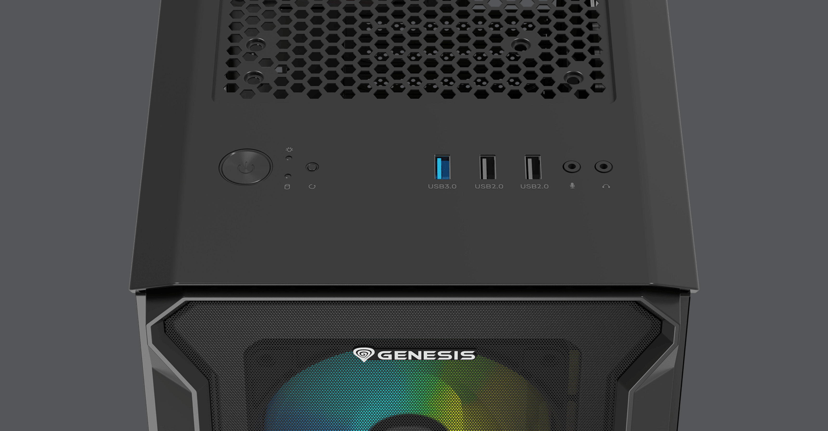 Minitorre Genesis Irid 503 ARGB V2 MATX negra con ventana transparente y múltiples puertos frontales de E/S