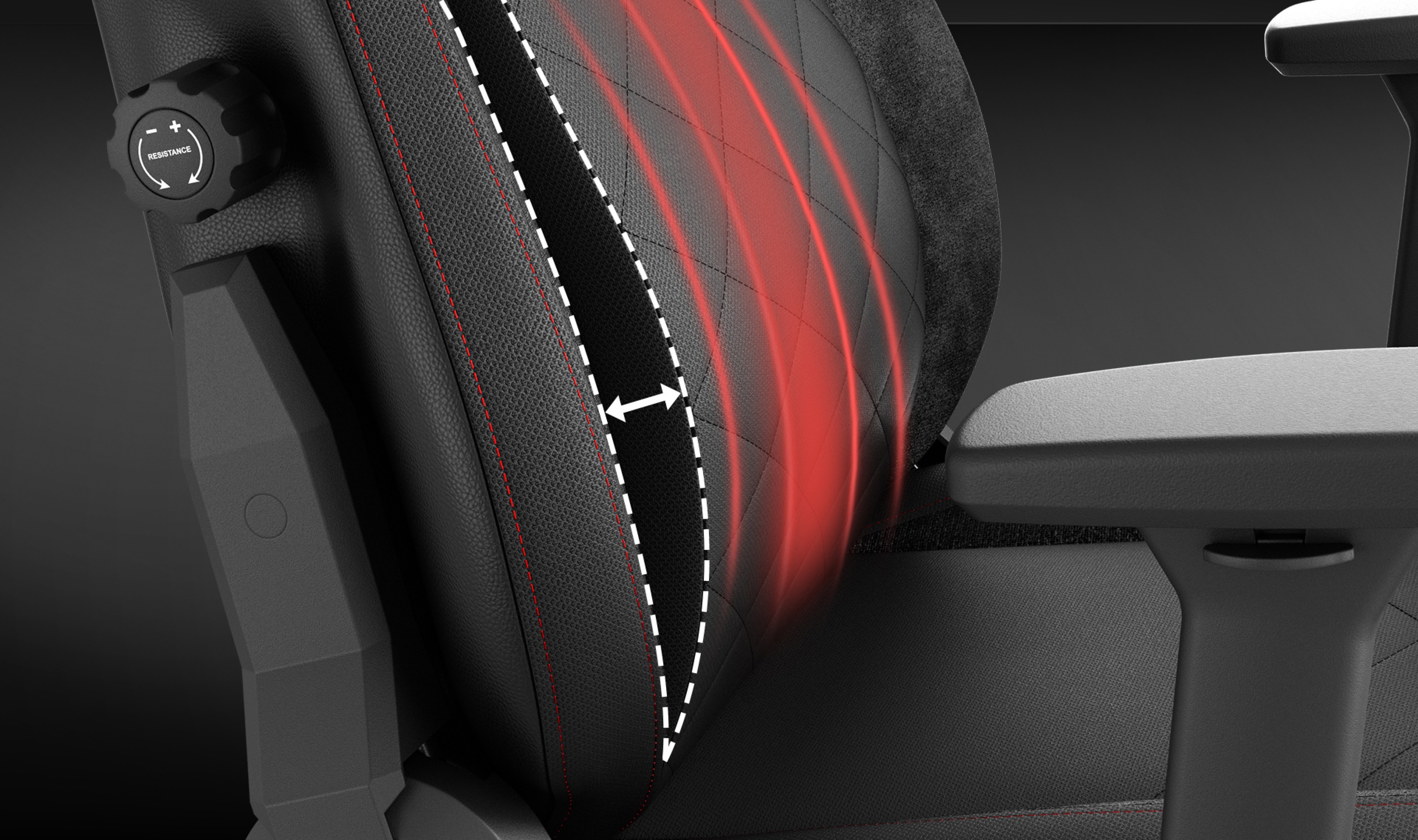 Primer plano de la silla de juego Genesis Nitro 890 G2, destacando su diseño ergonómico en negro y rojo con costuras detalladas