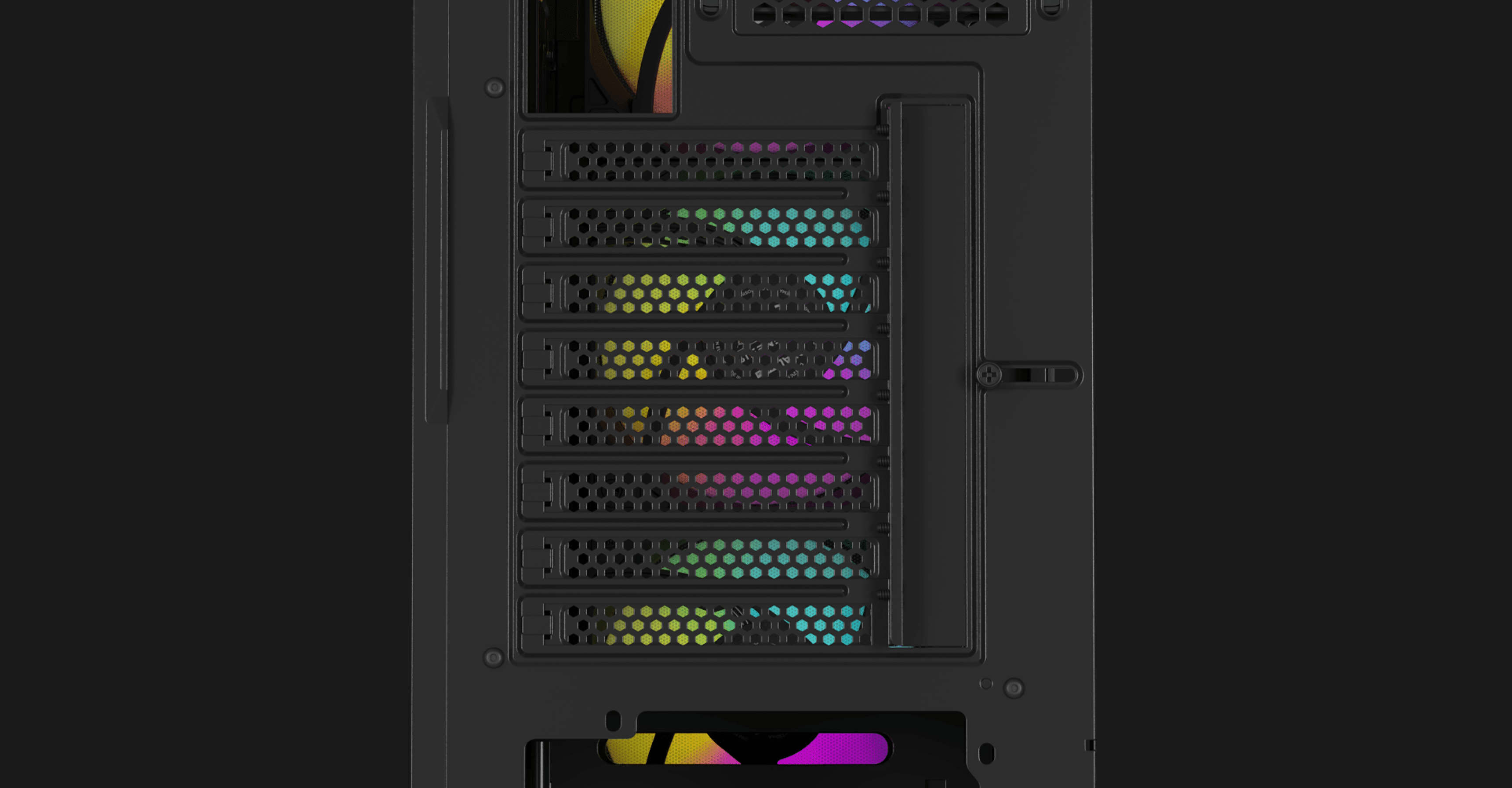 Caja negra para PC de torre mediana con pantalla de ventilador RGB y múltiples ranuras de expansión. Presenta un panel lateral con ventanas