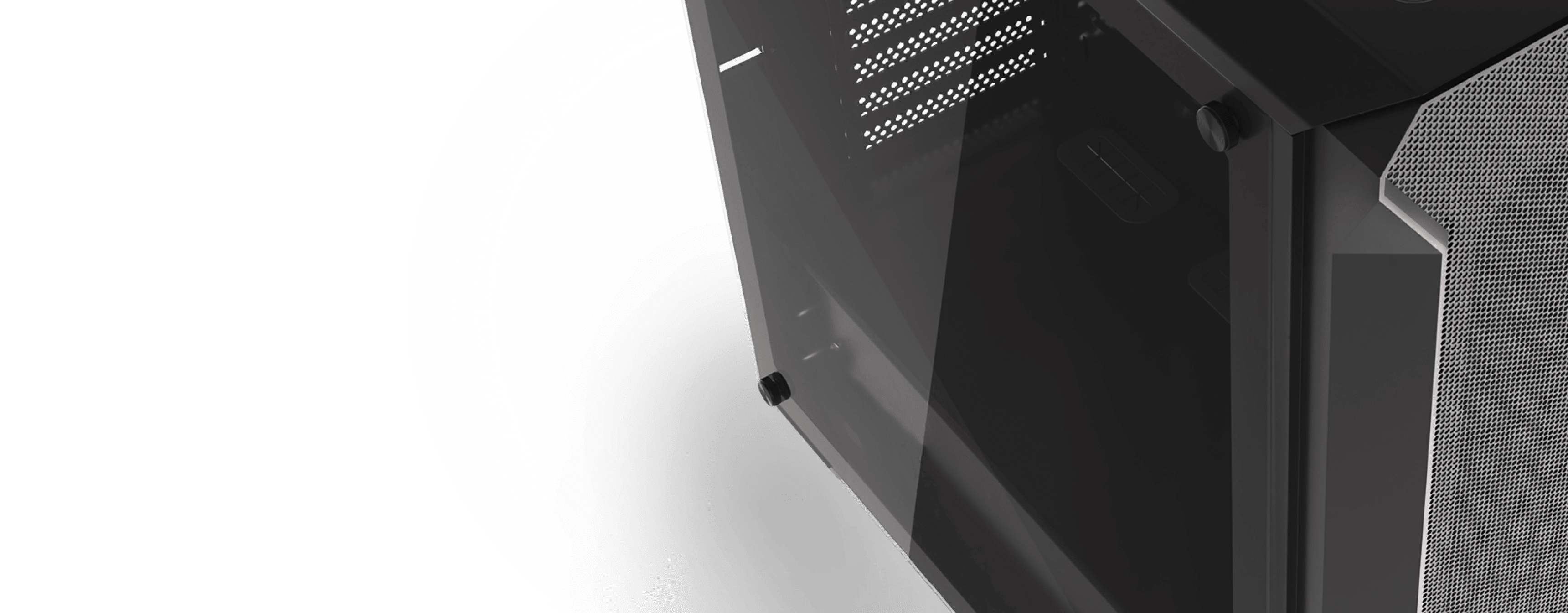 Caja torre MIDI Genesis Irid 505 V2 negra con ventana lateral transparente y detalles de ventilación de malla