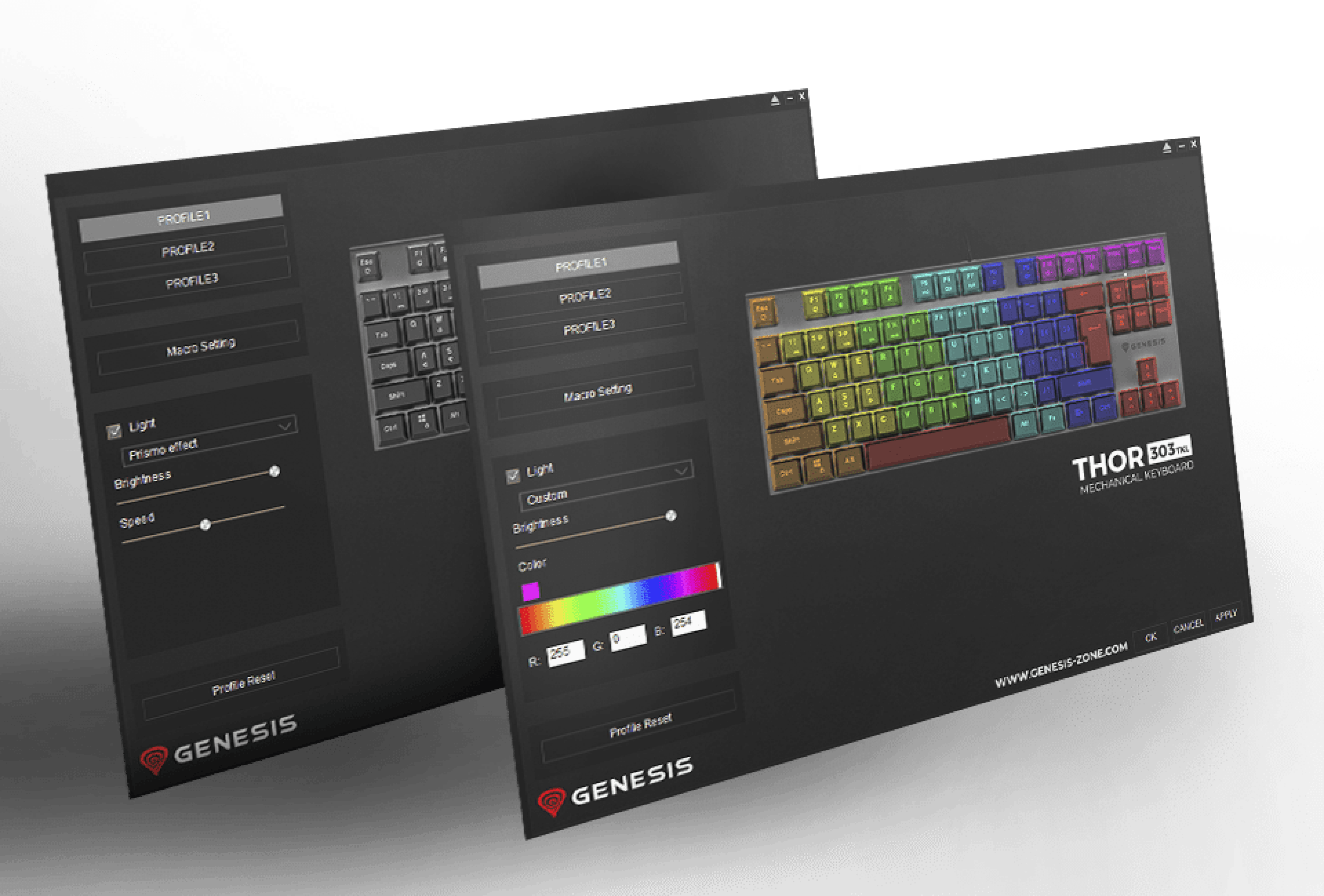 Teclado mecánico para juegos Genesis Thor 303 TKL con retroiluminación RGB e interruptores silenciosos, que se muestra con opciones de personalización