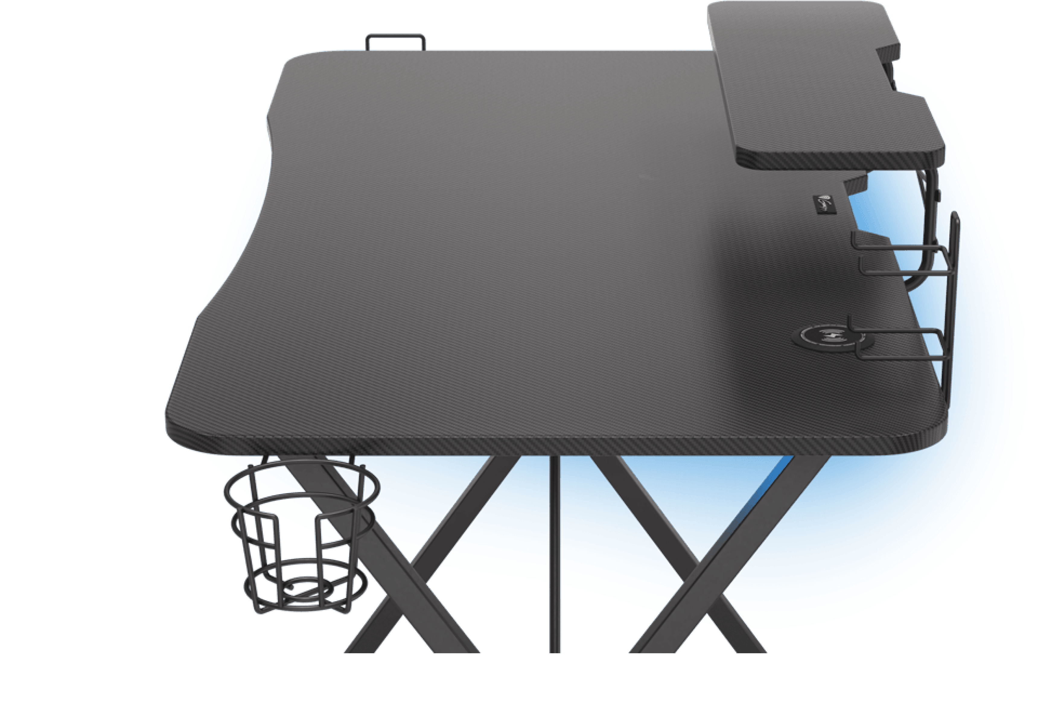 Escritorio negro para juegos con iluminación RGB, con tablero curvado, portavasos y ganchos para accesorios de juego