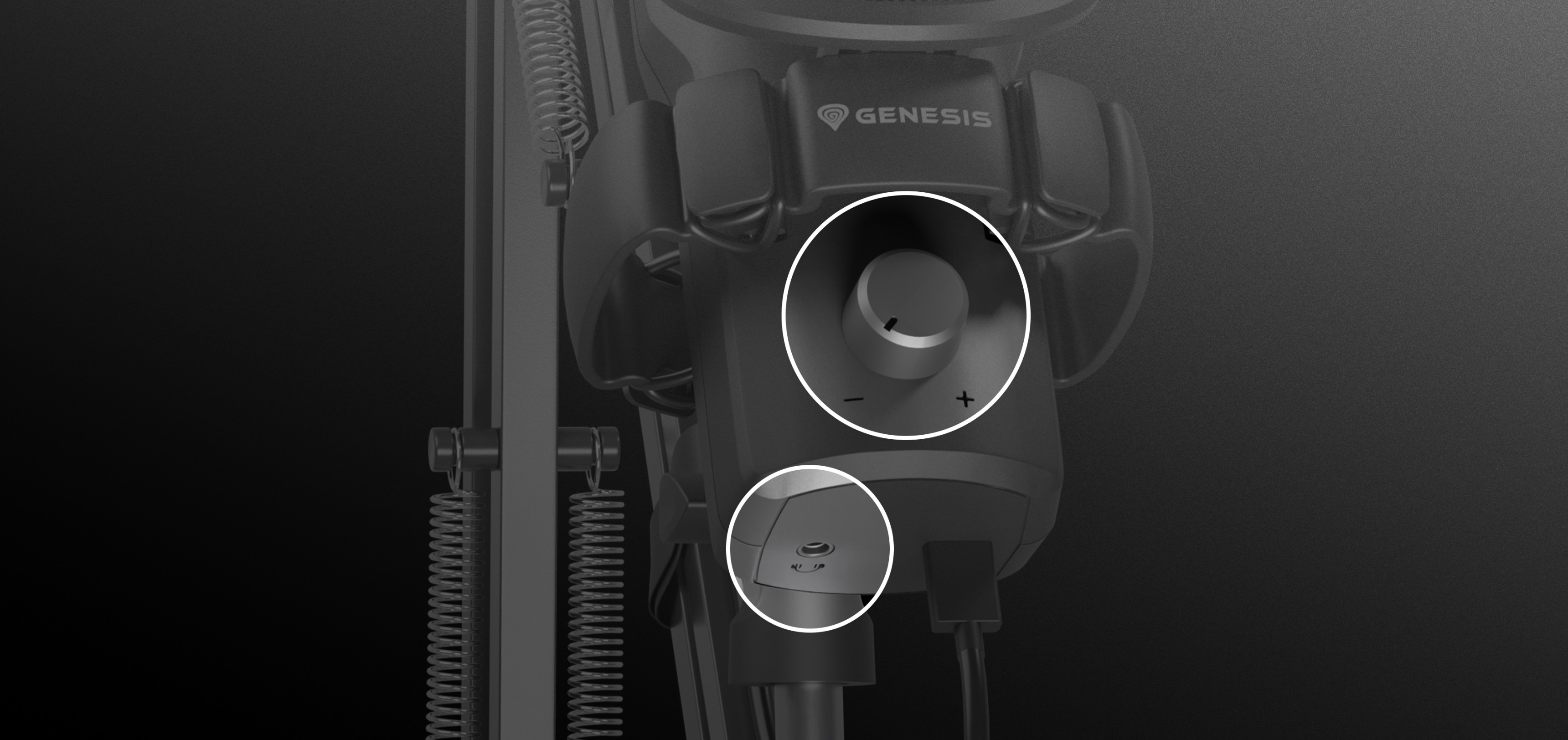 Detalle del panel de control del micrófono USB Genesis Radium 251, con botones de volumen y silencio en un brazo negro