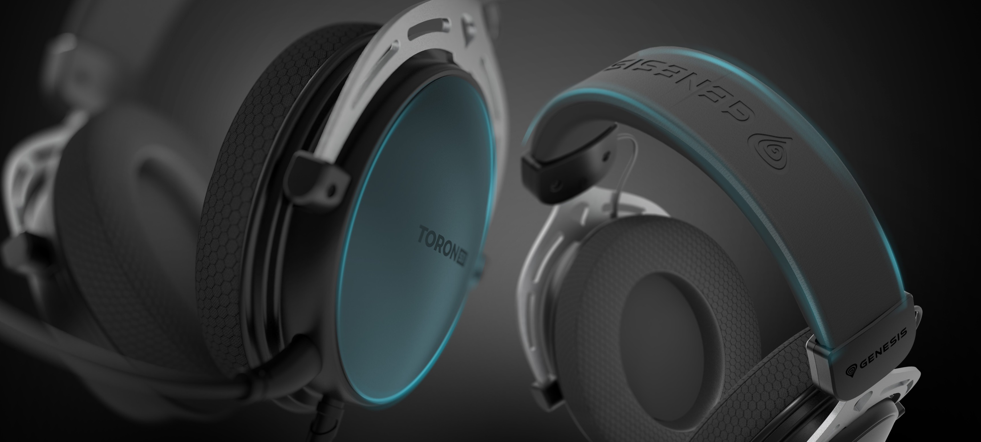 Auriculares over-ear Genesis Toron 531 negros con micrófono y detalles iluminados. Tienen un diseño cómodo para un uso prolongado