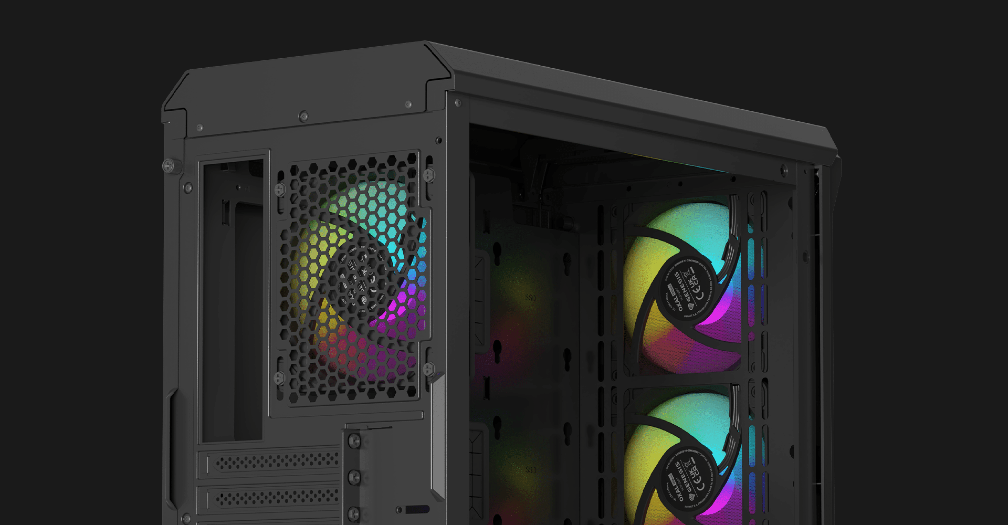 Minitorre MATX negra con ventana lateral, con ventiladores RGB en el interior para una iluminación vibrante