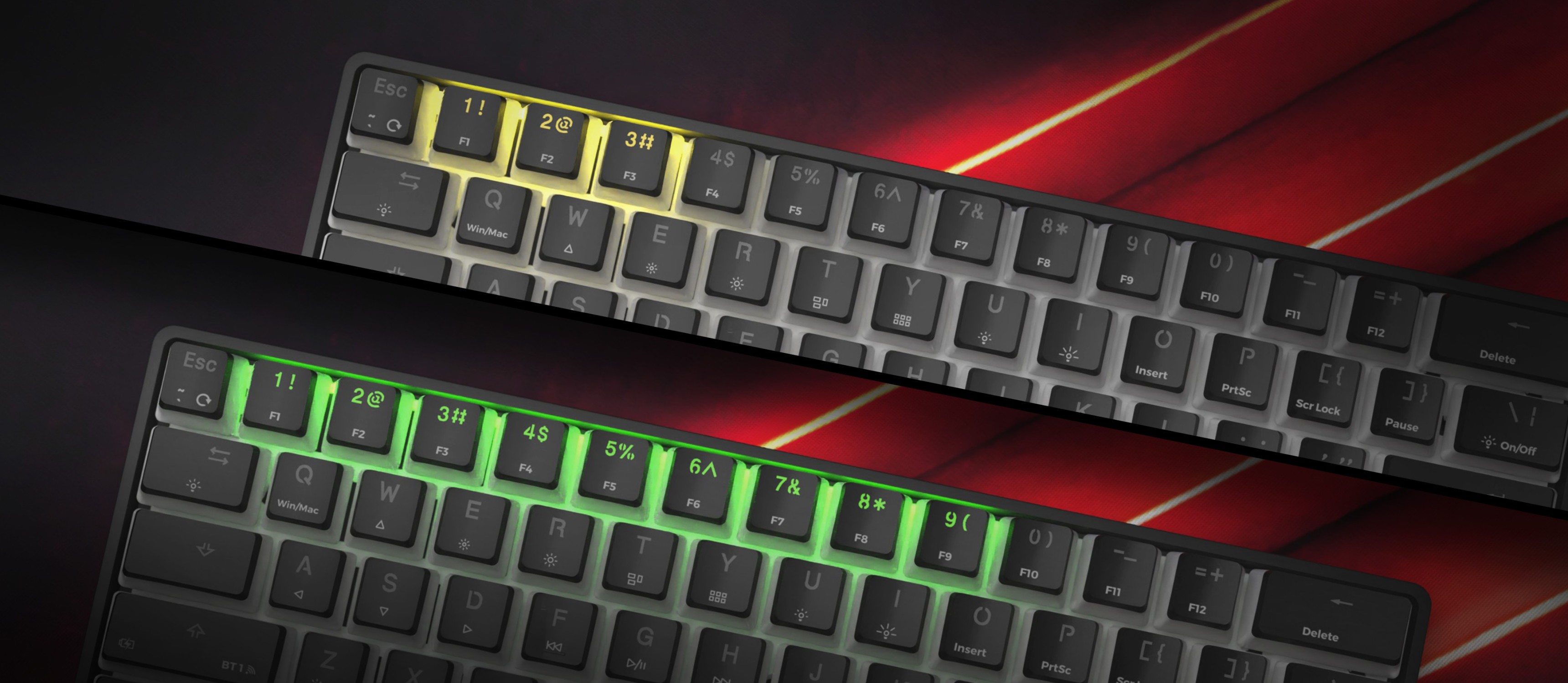 Teclado mecánico para juegos RGB negro con interruptores Gateron Red, que muestra efectos de iluminación personalizables