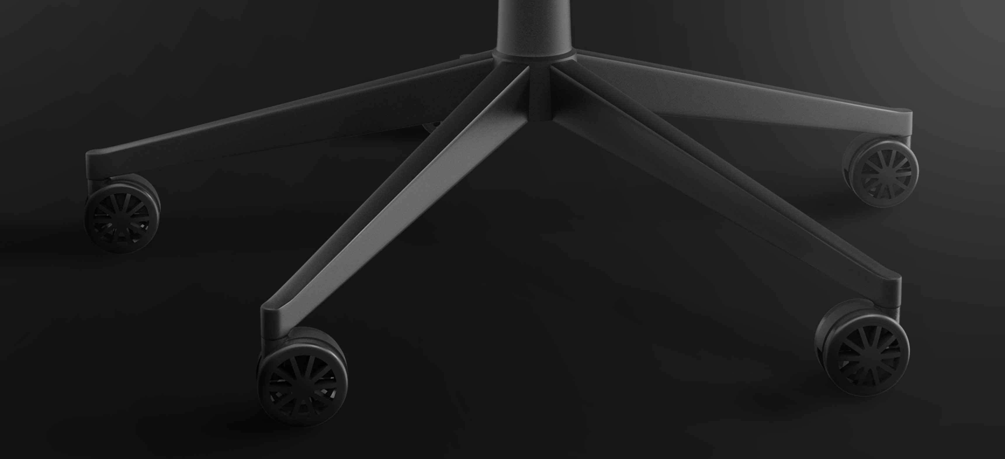 Base de silla de juego negra con diseño de cinco patas y ruedas rodantes