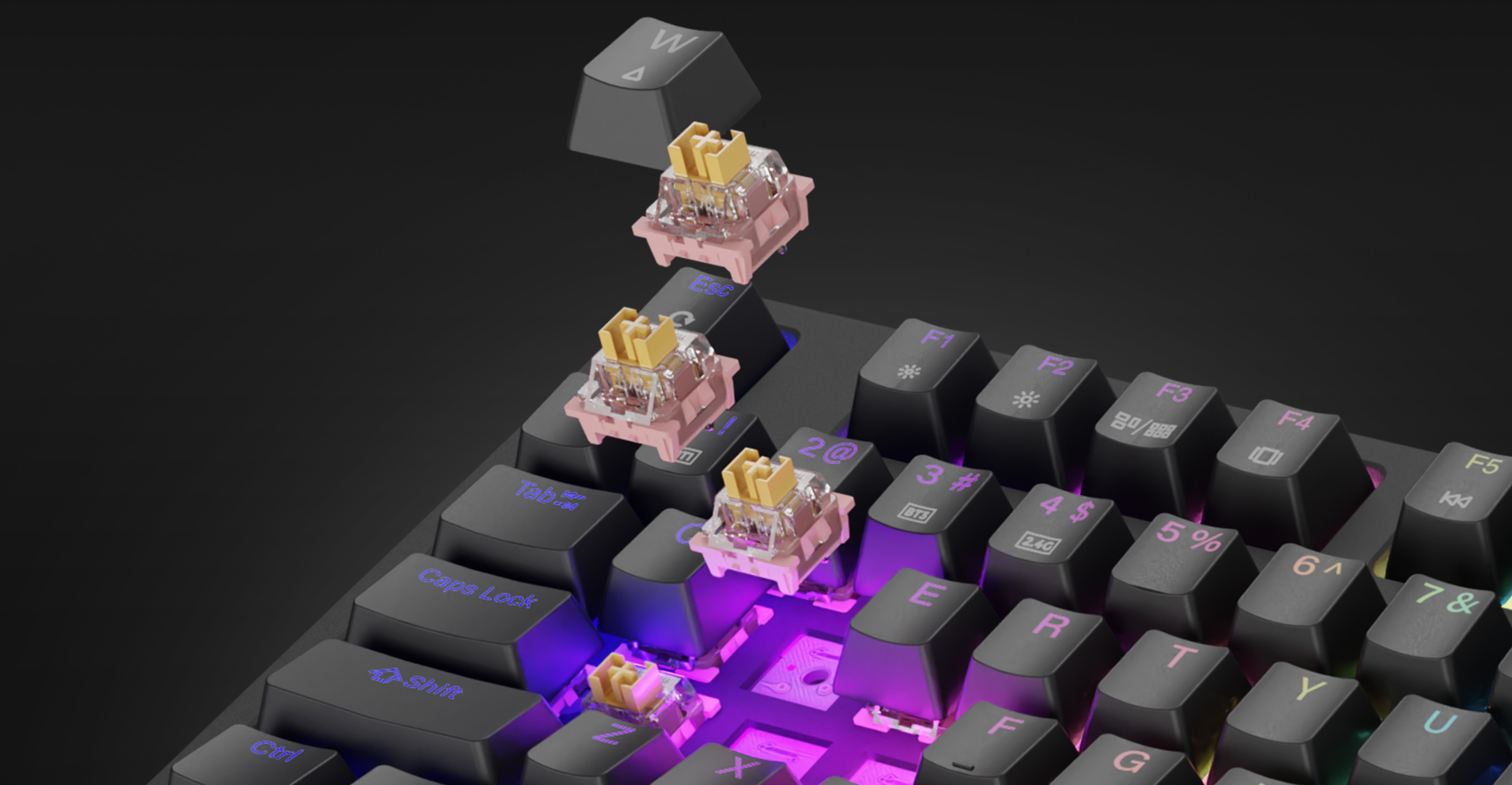 Teclado mecánico inalámbrico para juegos con interruptores Outemu, retroiluminación RGB y un diseño TKL compacto sin las tapas de las teclas