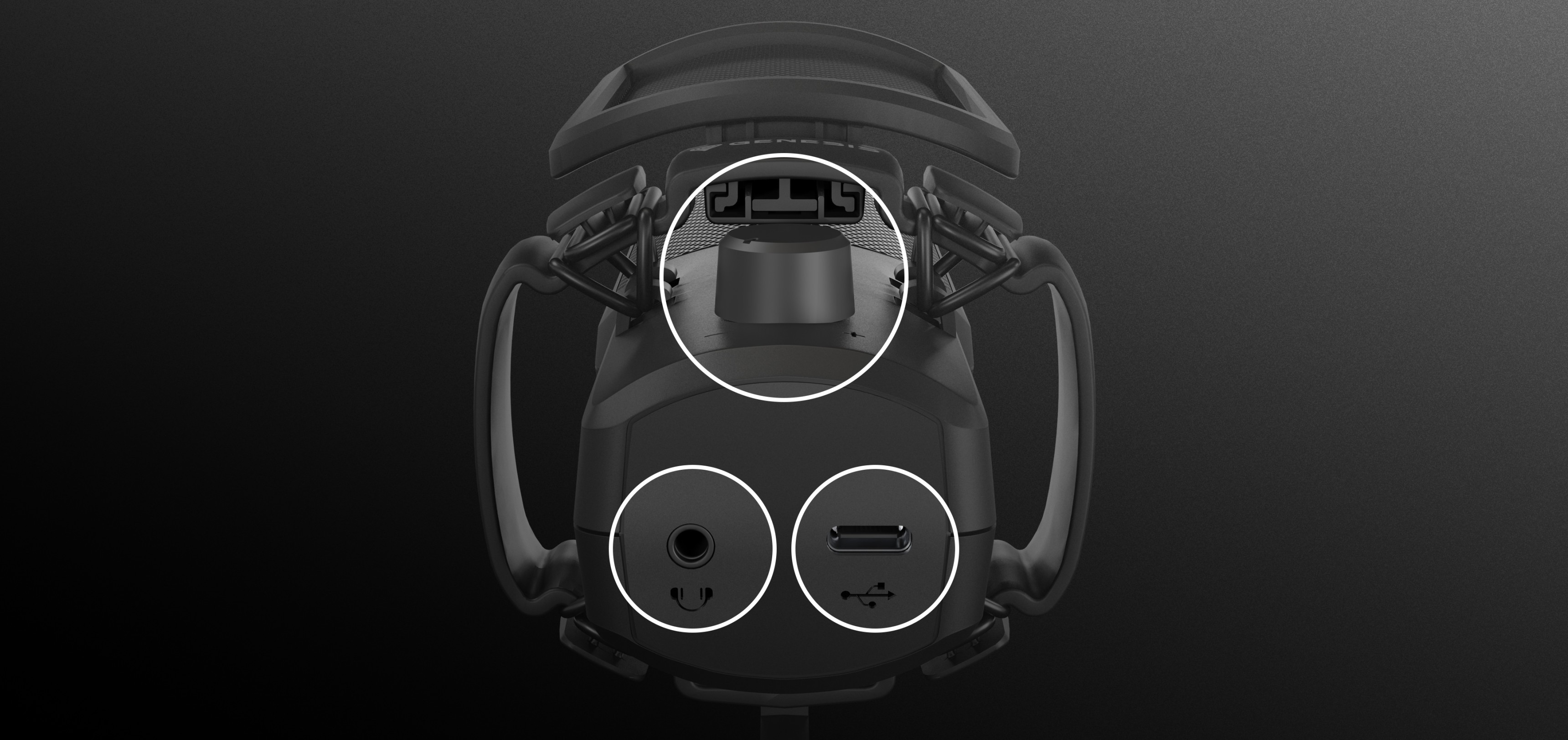 Vista en primer plano de la parte inferior del micrófono USB Genesis Radium 250, que muestra los puertos de conexión, incluidos el USB y la salida de audio