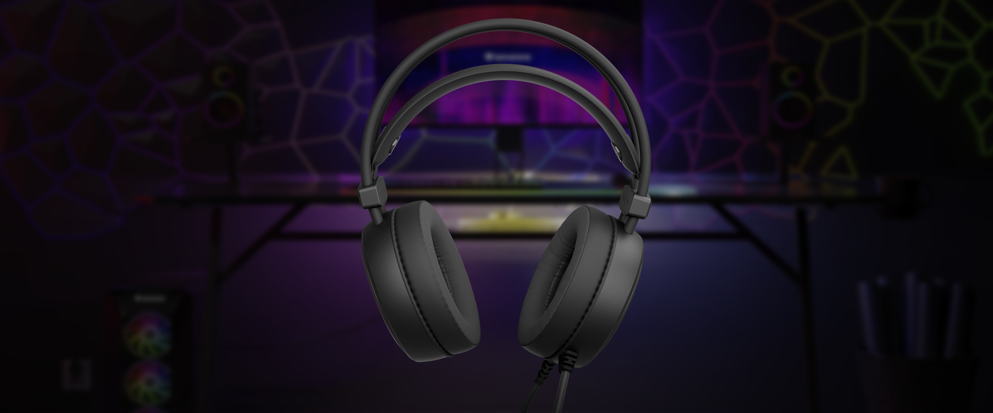 Auriculares over-ear Genesis Neon 613 G2 RGB negros con micrófono, sobre un colorido fondo de juego