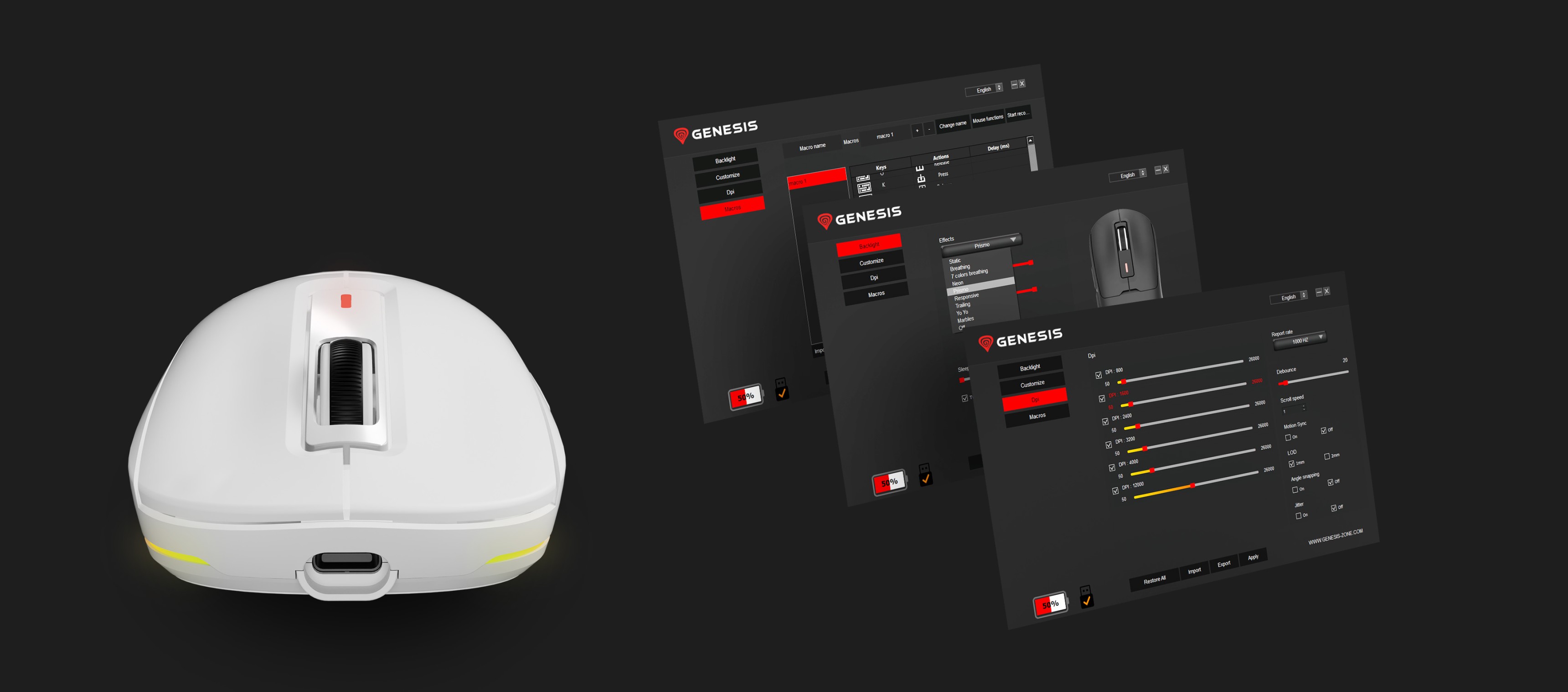 Ratón inalámbrico para juegos Genesis Zircon 660 Pro en blanco con ajustes de PPP mostrados sobre un fondo de interfaz negro