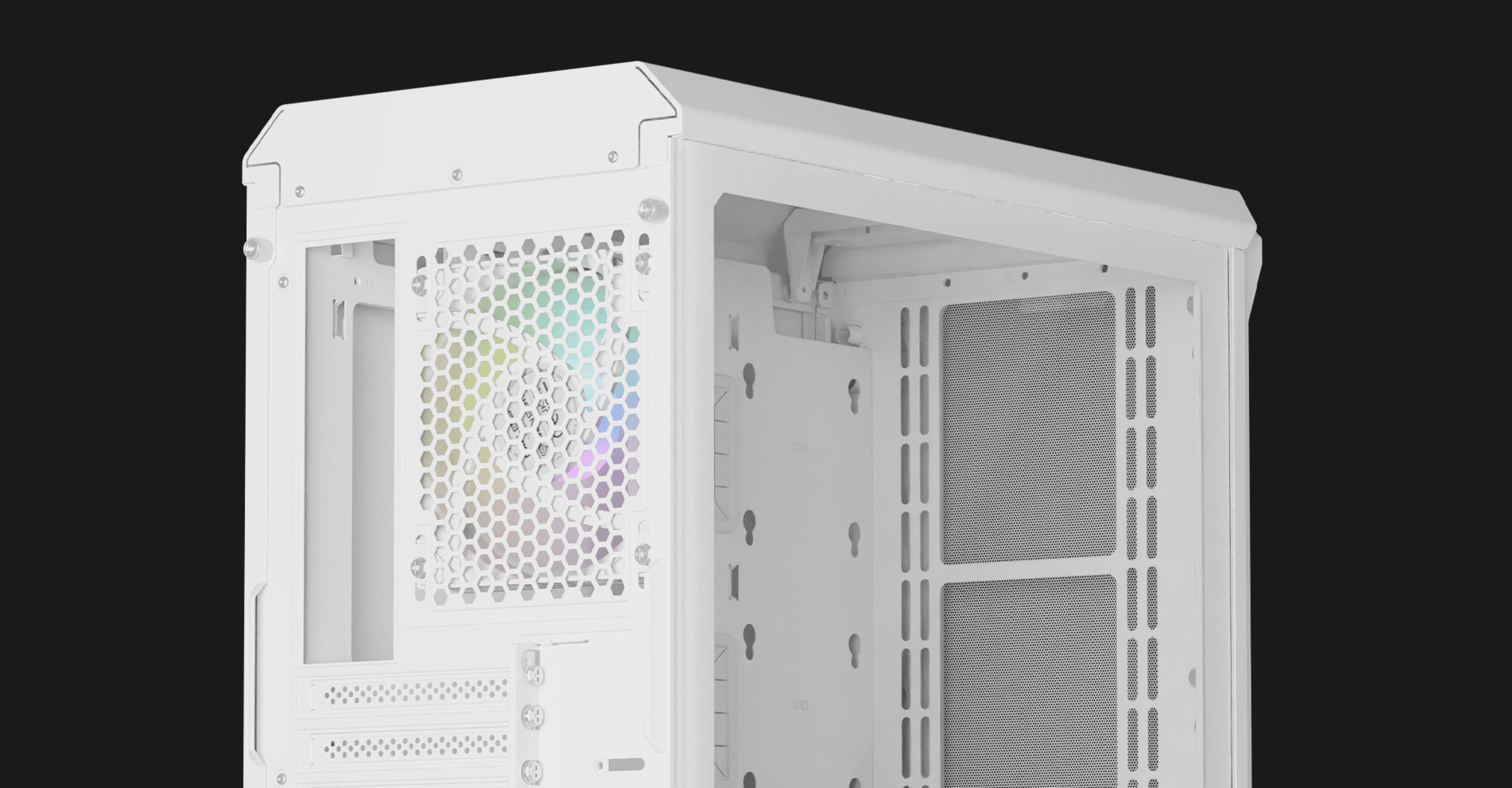 Minitorre de PC MATX blanca con ventana lateral y ventilador ARGB, con un diseño elegante y ventilación de malla