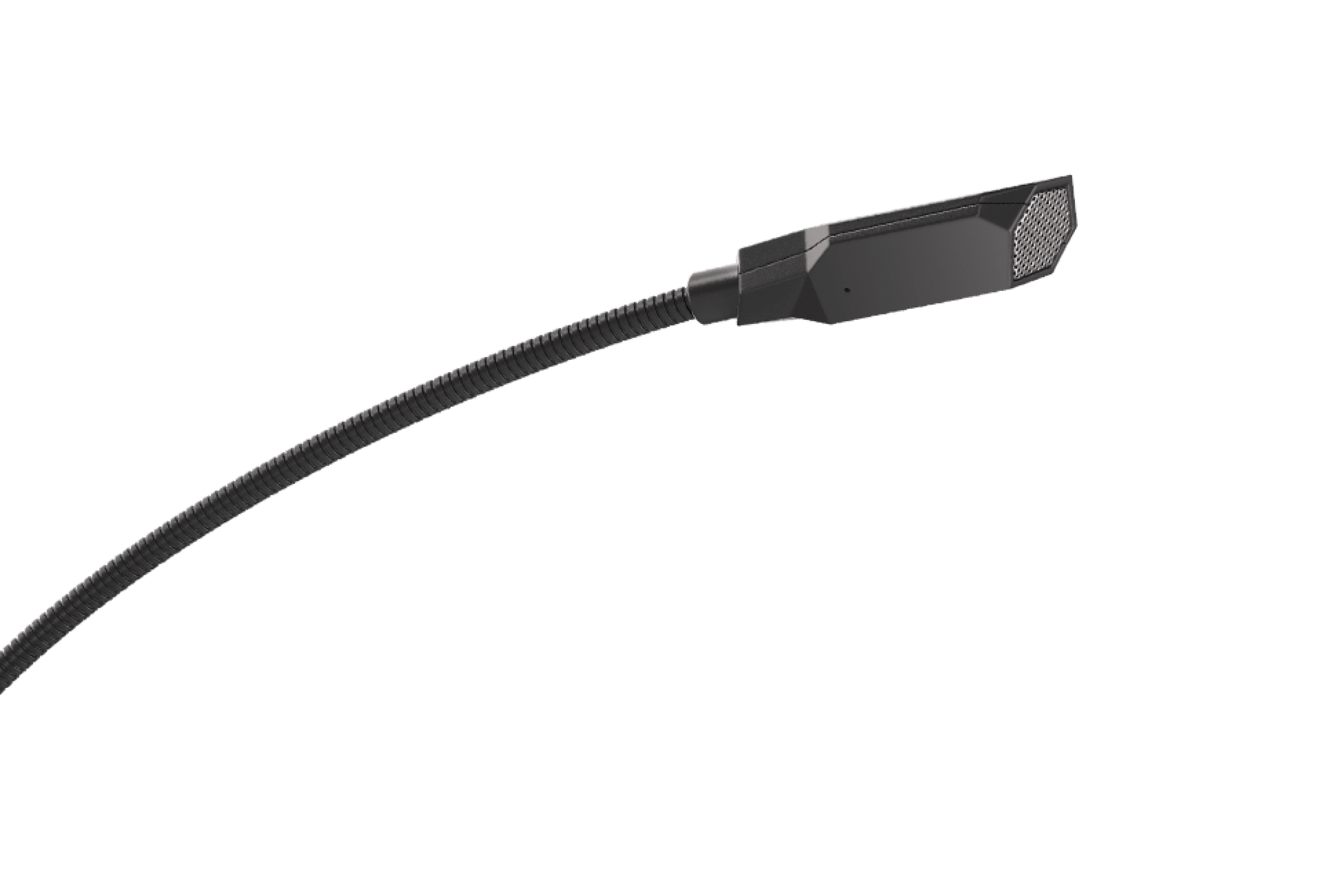 Micrófono negro con brazo flexible y rejilla de malla para captar el sonido, diseñado para grabar audio de alta calidad