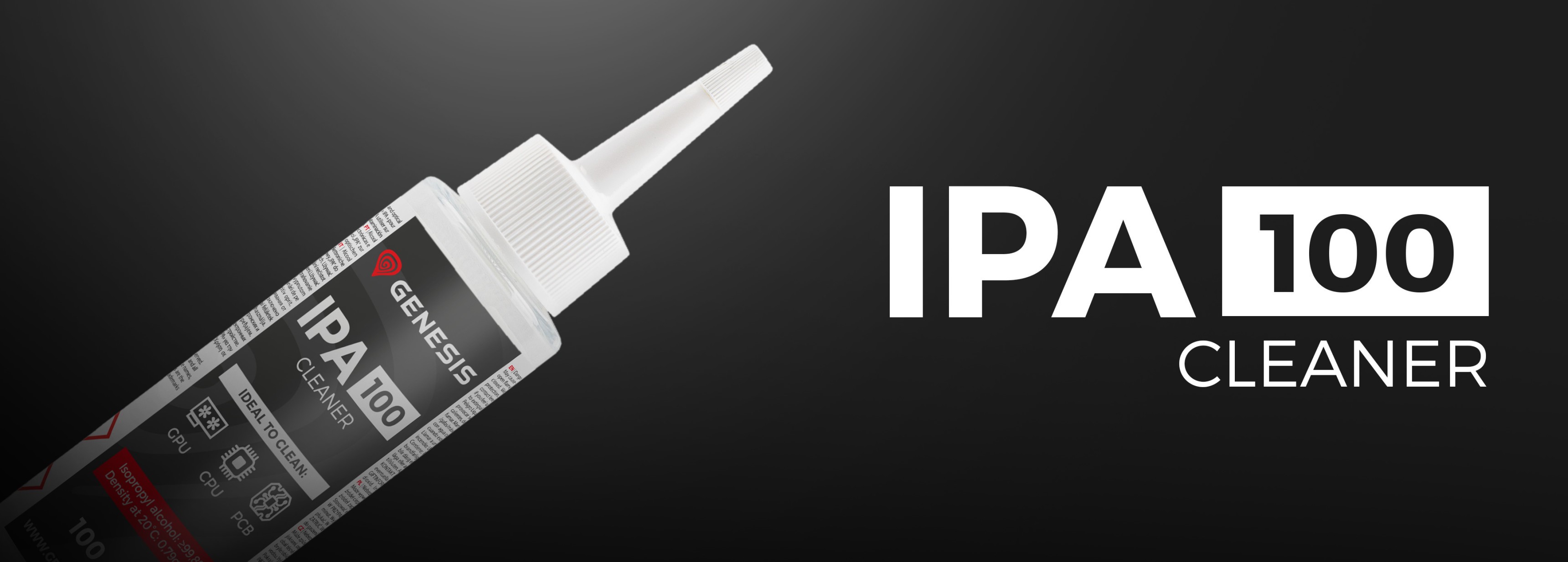 Limpiador de alcohol isopropílico en una botella de 100 ml, con la etiqueta "IPA 100 CLEANER" y una punta aplicadora de precisión
