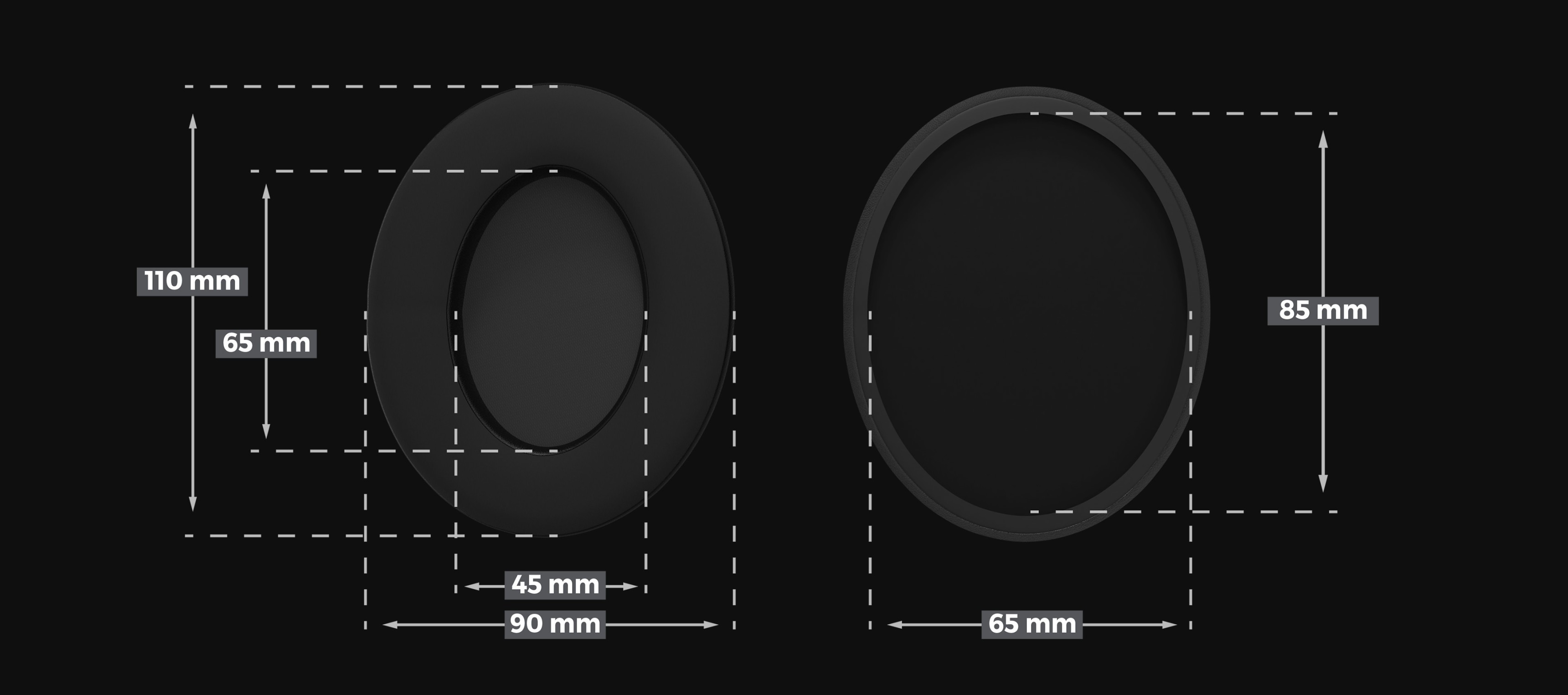 Almohadillas híbridas para los auriculares Genesis Toron EP01, con dimensiones etiquetadas para referencia de tamaño