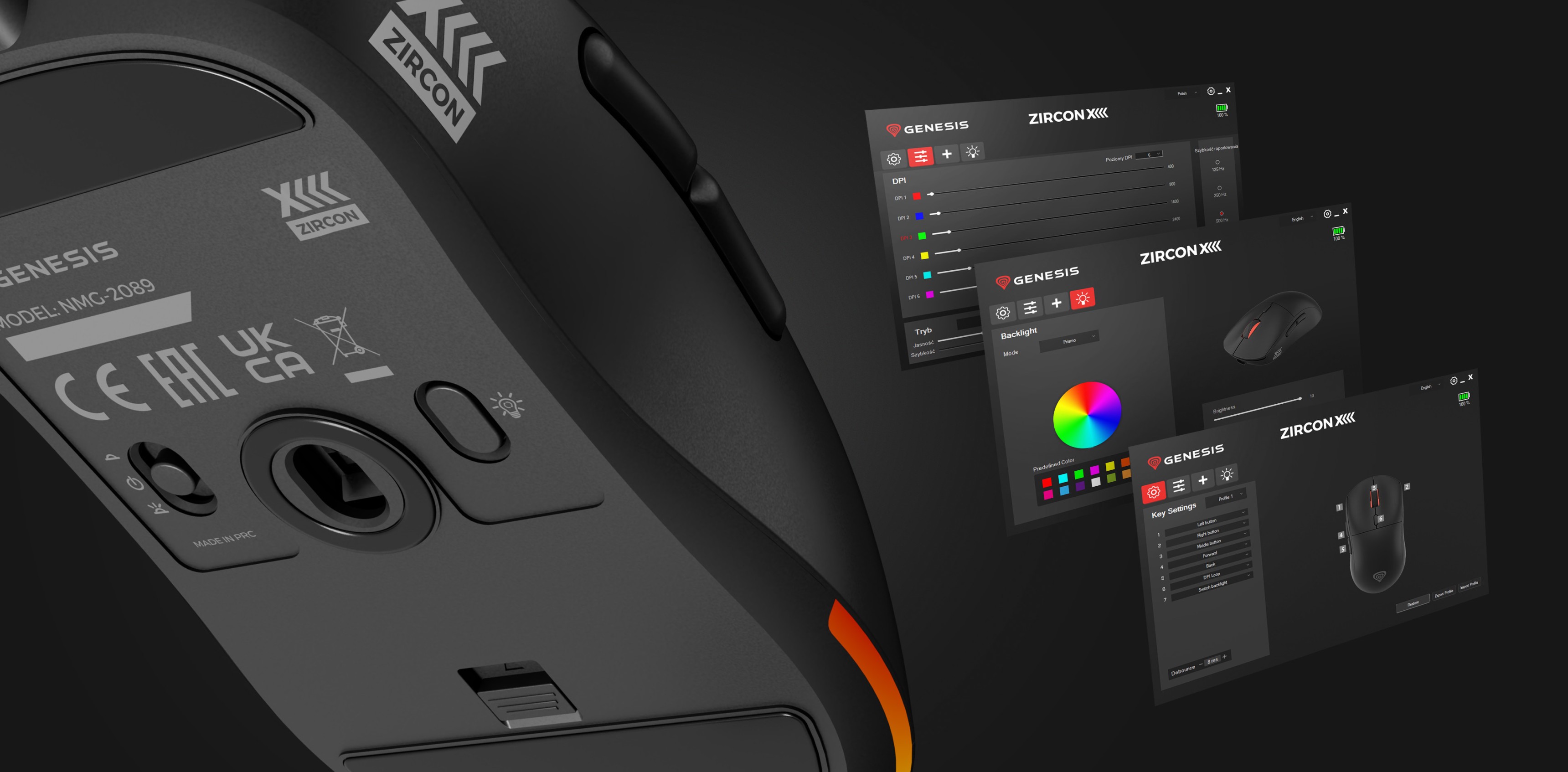 Ratón inalámbrico para juegos con ajustes personalizables y un DPI de hasta 26000. Incluye una interfaz de software que se muestra en la pantalla
