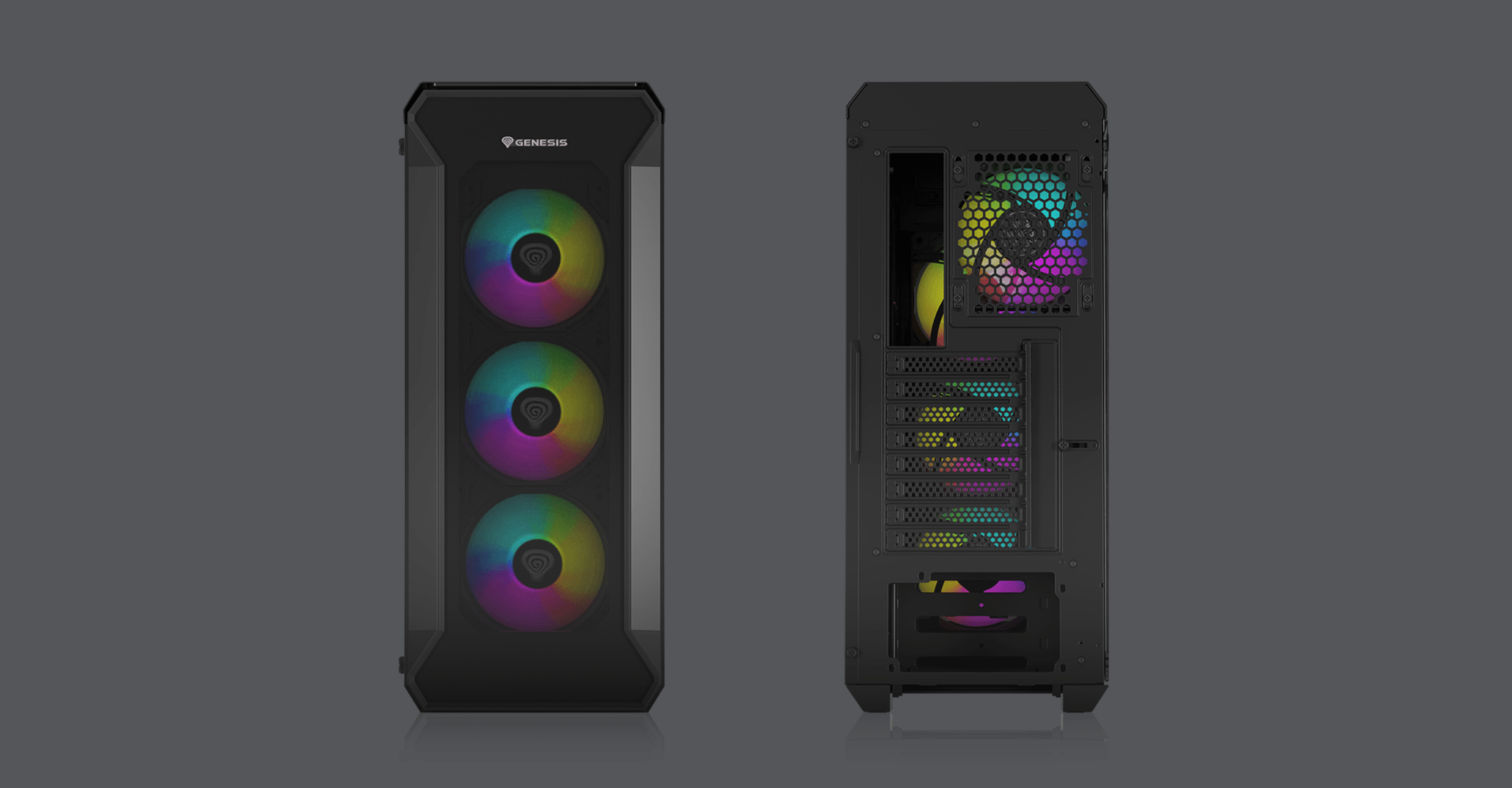 Caja torre MIDI negra con panel lateral de cristal y tres ventiladores ARGB frontales, que muestra el interior con iluminación de colores