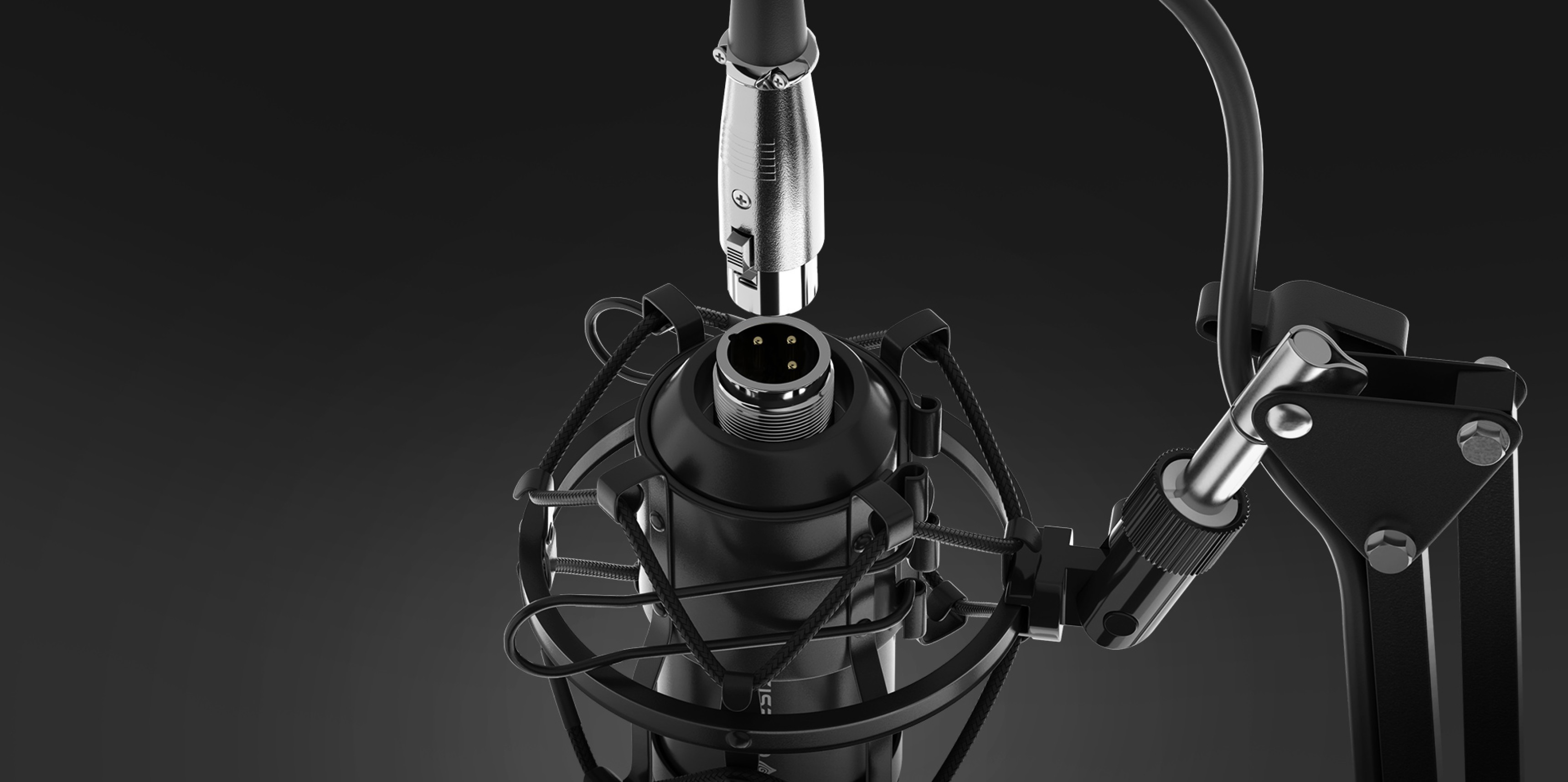 Primer plano del micrófono de estudio Genesis Radium 300 con conector XLR y filtro antipop, montado en un brazo robusto