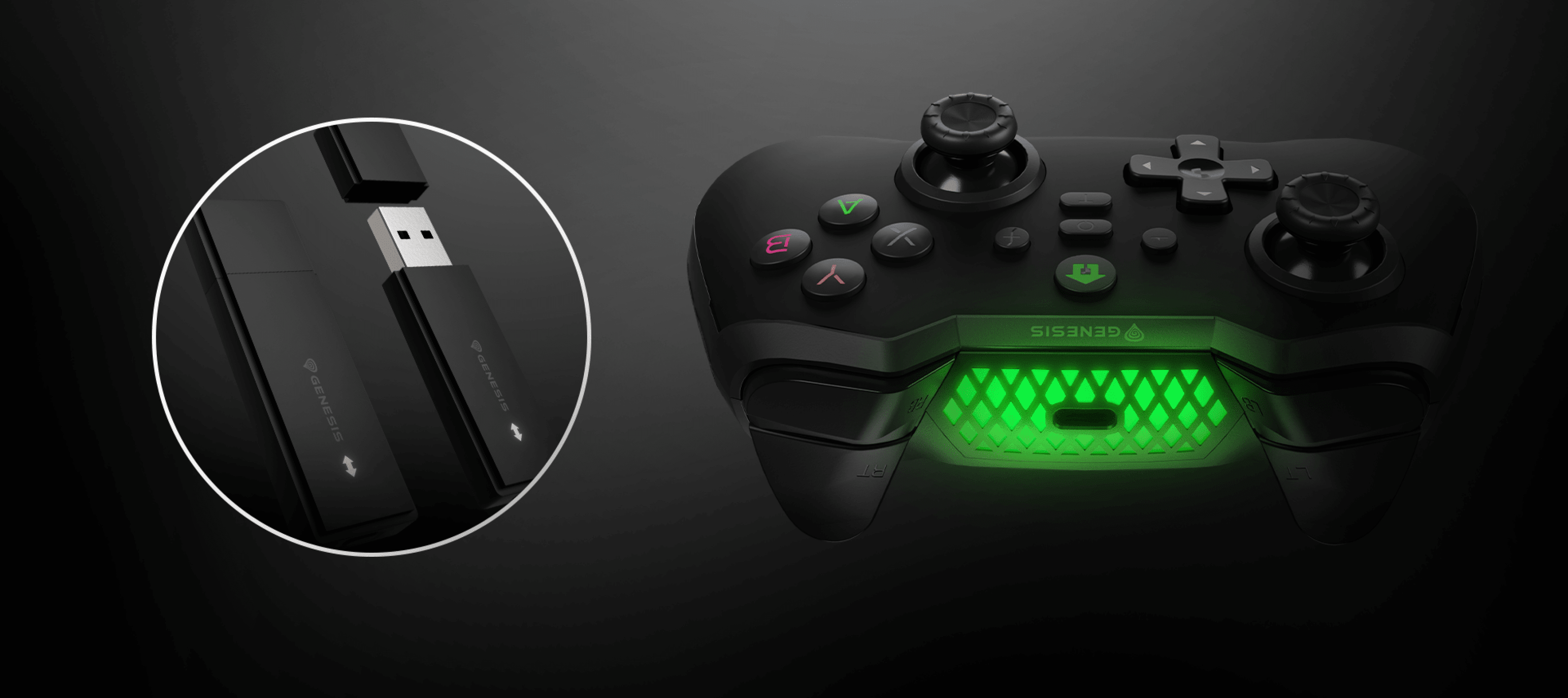 Gamepad inalámbrico Genesis Mangan 400 en negro, con luces LED de colores y un receptor USB para PC, Switch y dispositivos móviles