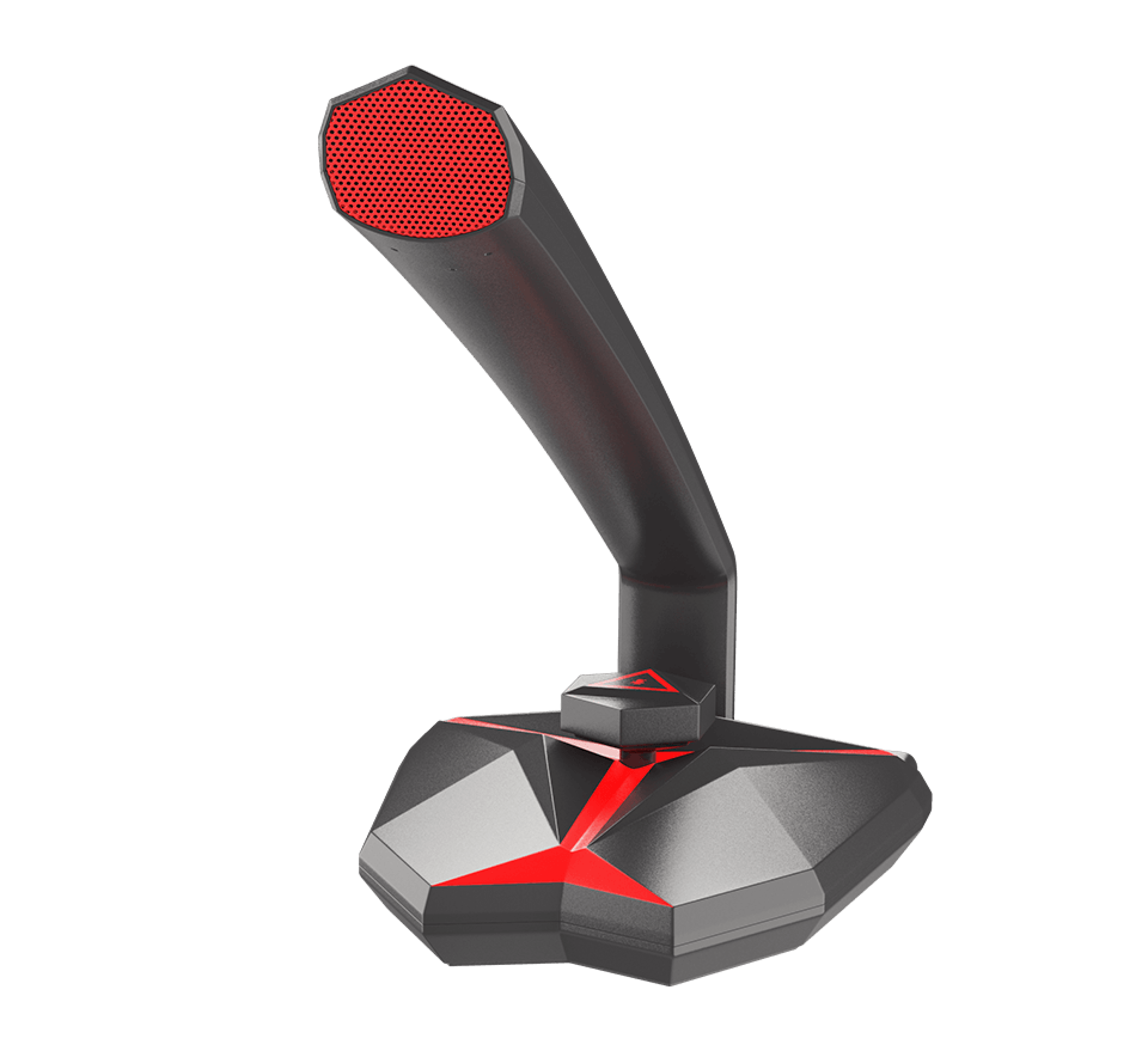 Micrófono Genesis Radium 200 negro y rojo con un diseño elegante y anguloso y una prominente rejilla de malla en la parte superior