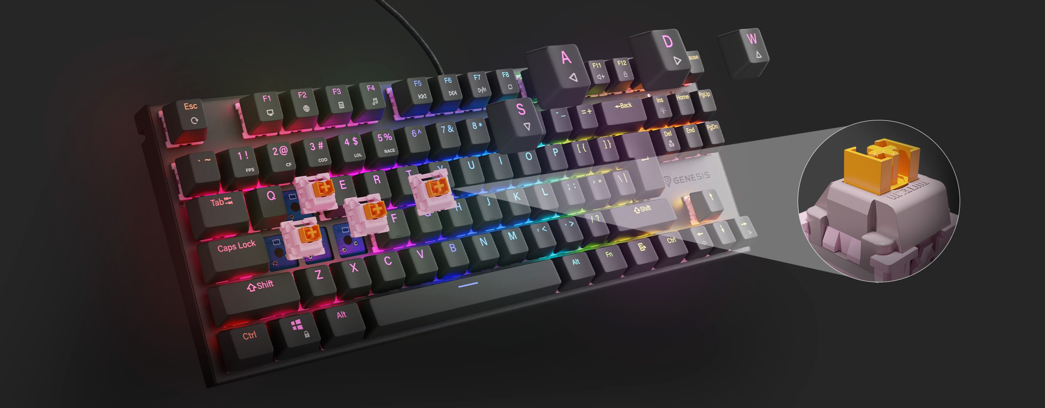 Teclado mecánico RGB para juegos Genesis Thor 303 TKL, con interruptores silenciosos y teclas resaltadas