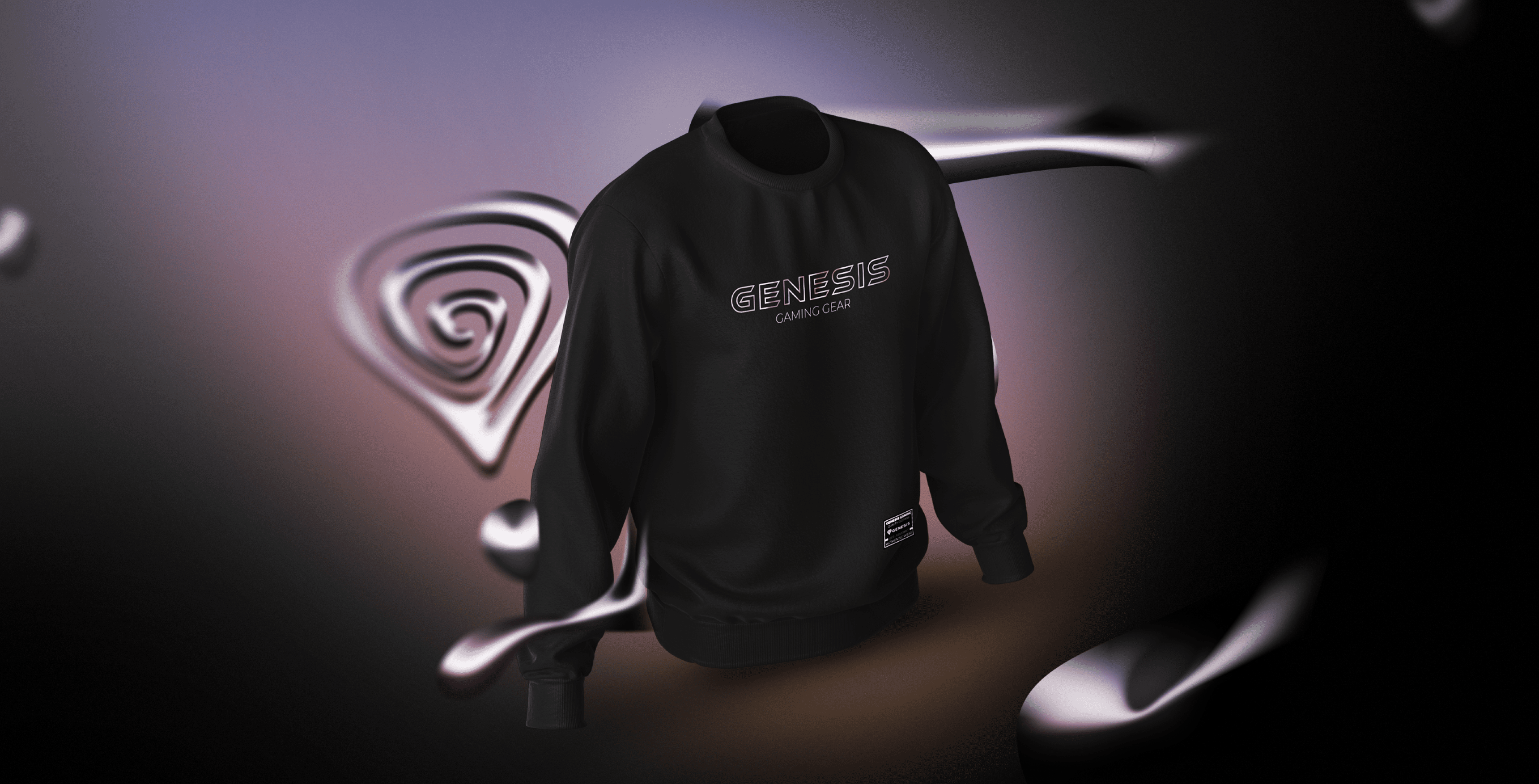 Sudadera negra con la palabra "GENESIS" en negrita sobre un fondo liso y abstracto