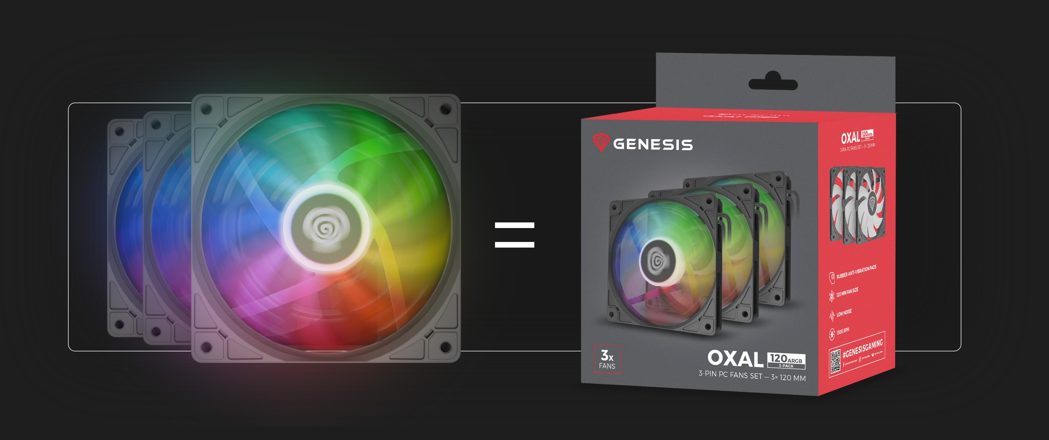 Tres ventiladores Genesis Oxal 120 ARGB negros con vibrantes efectos luminosos junto a su embalaje
